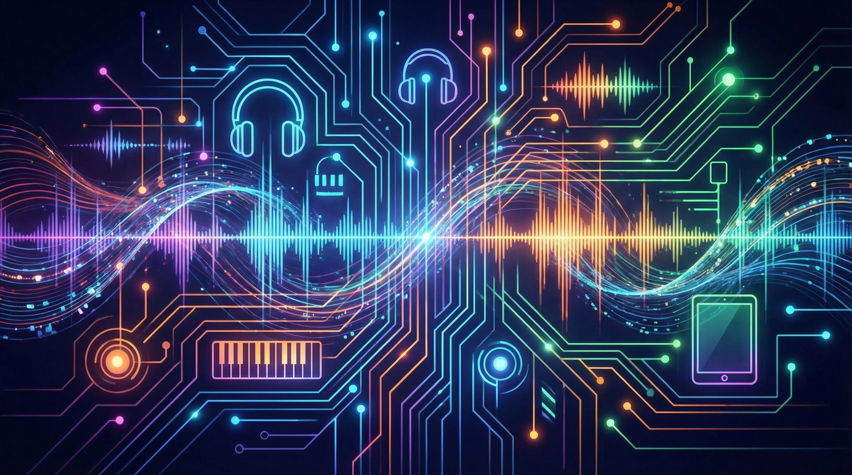 Abstract view of digital audio workstation with waveforms, music symbols, and social network icons intertwined