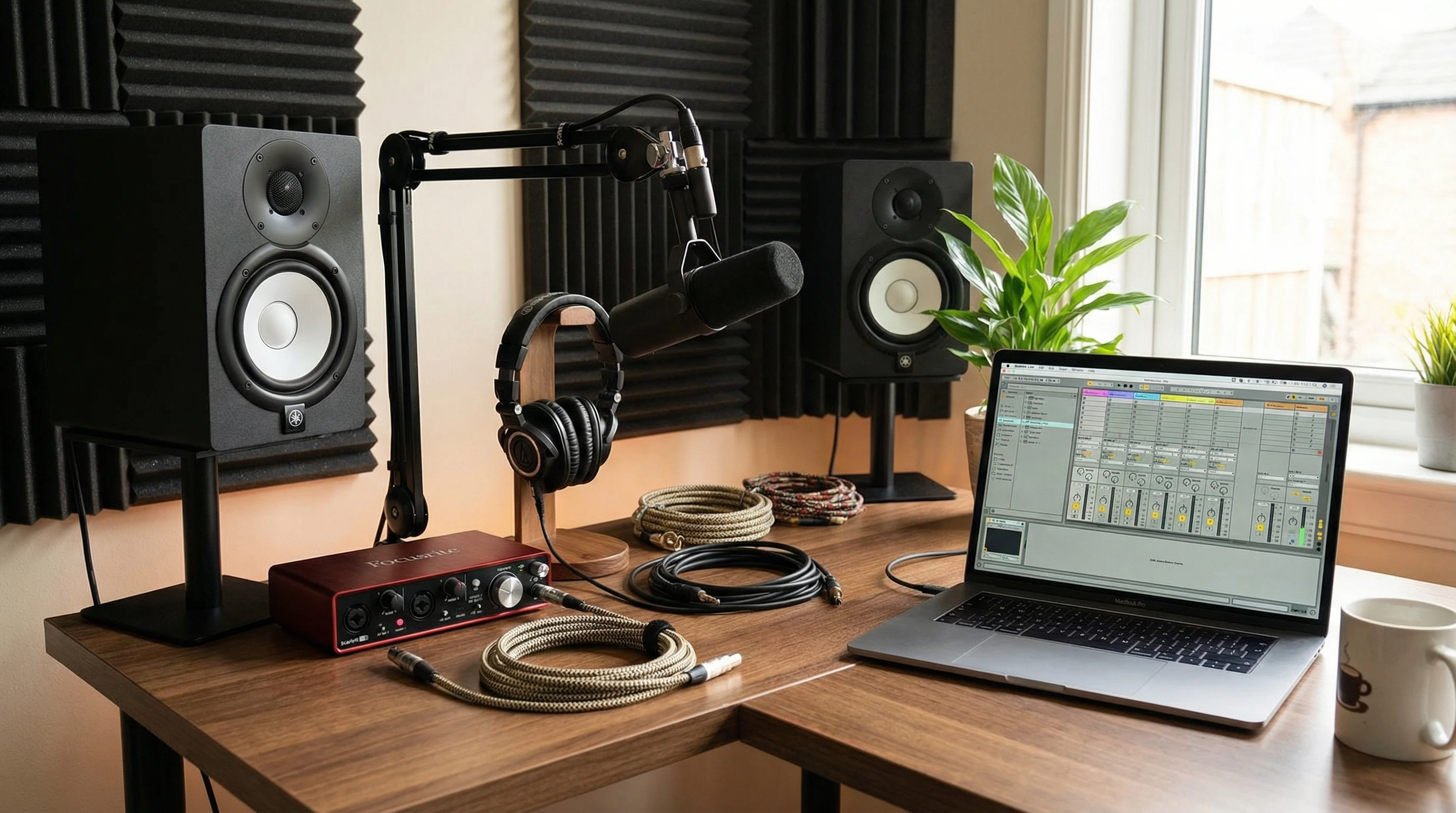 A simple home recording studio setup showing an audio interface and connected instruments.