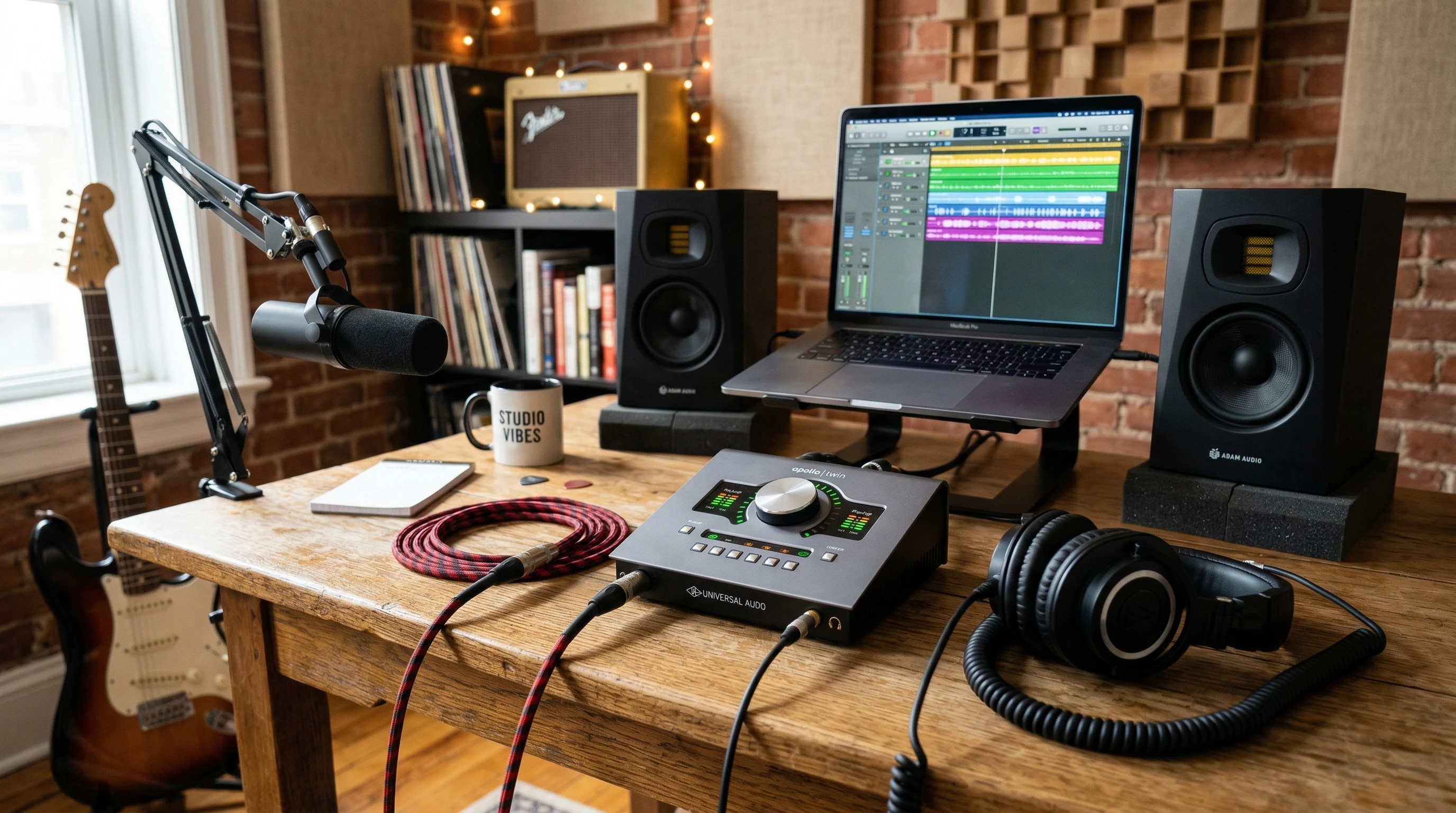 Audio interface on a studio desk connected to instruments and cables, glowing LED meters on