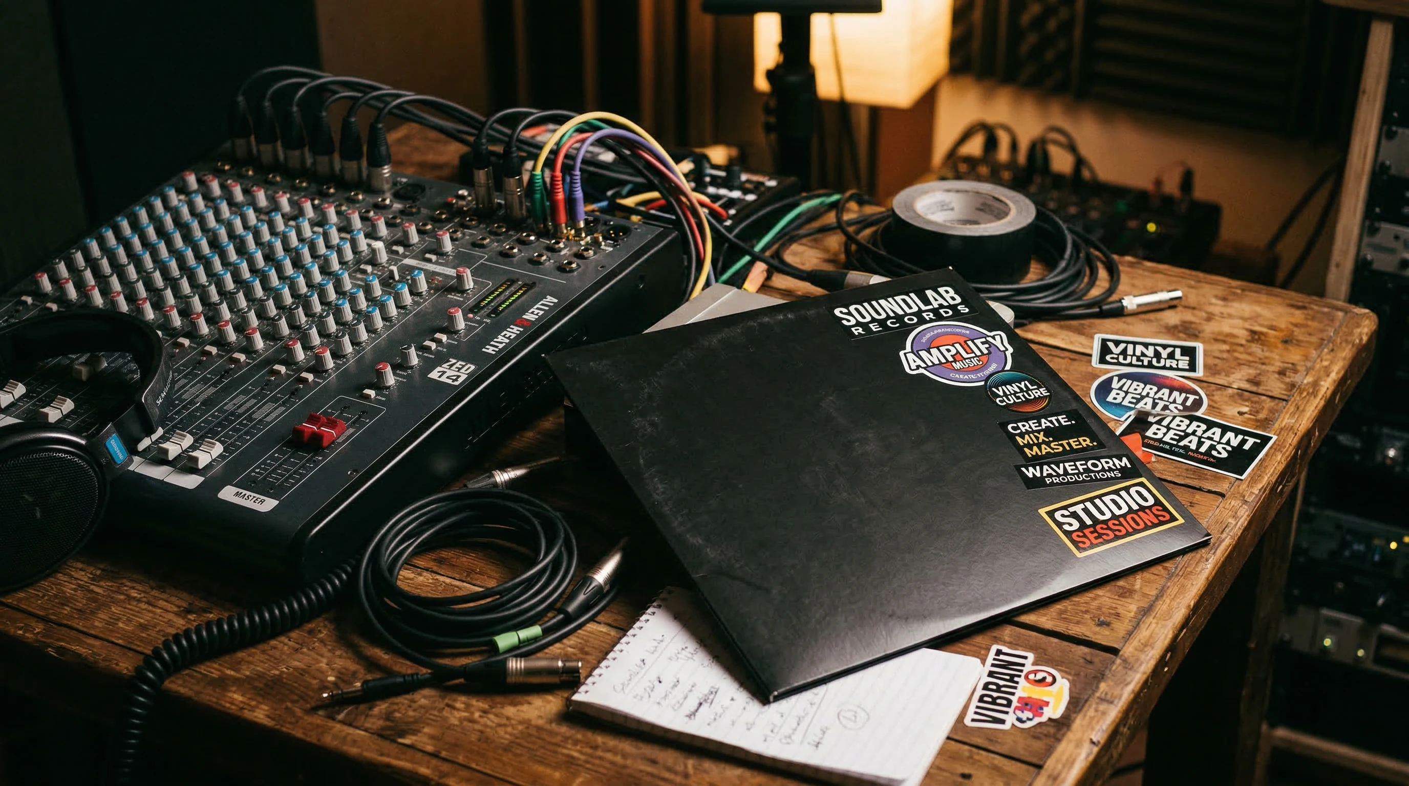 An abstract close-up of audio mixing equipment and music branding items