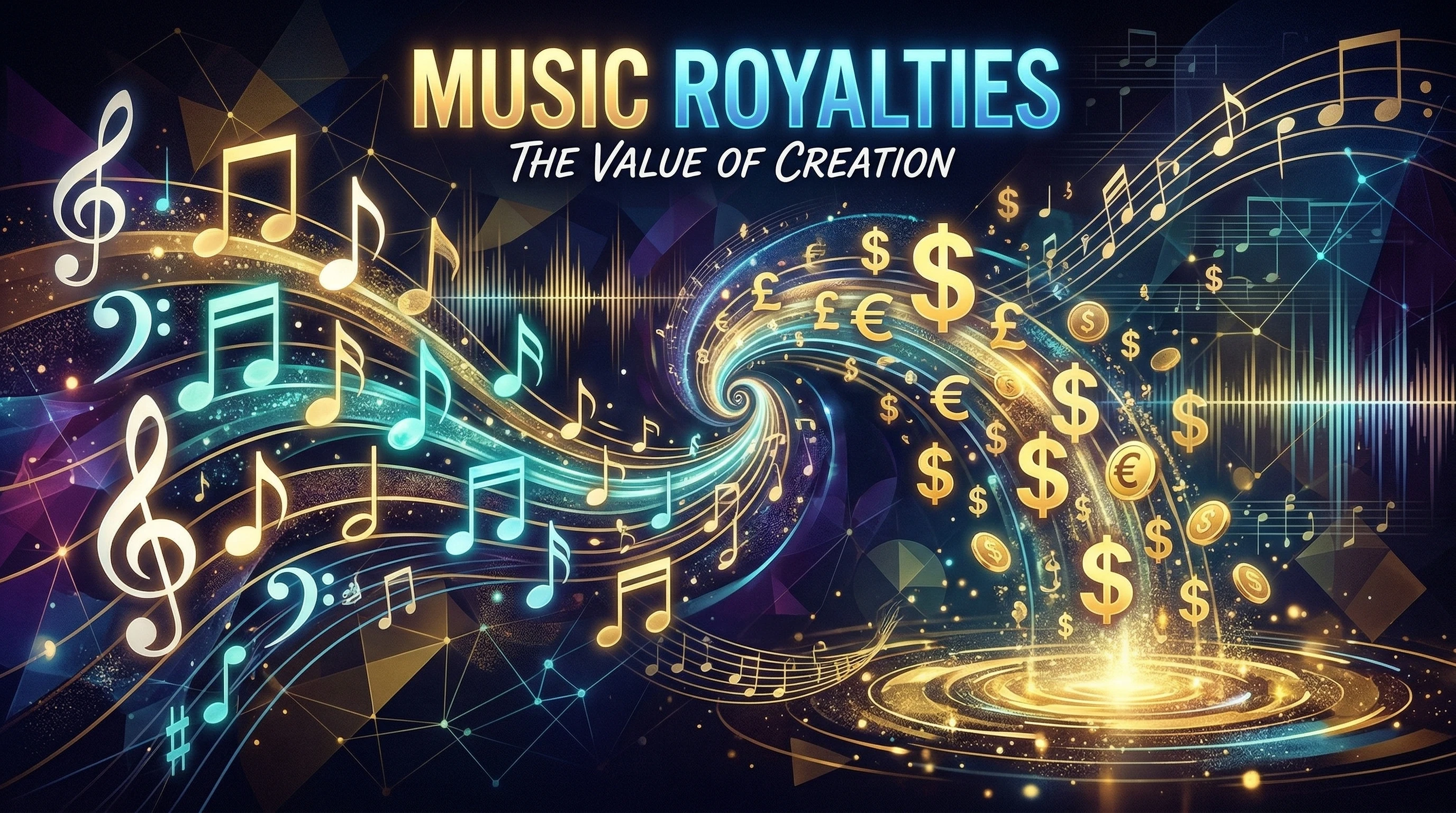 Abstract graphic of music notes and dollar symbols, representing music royalties