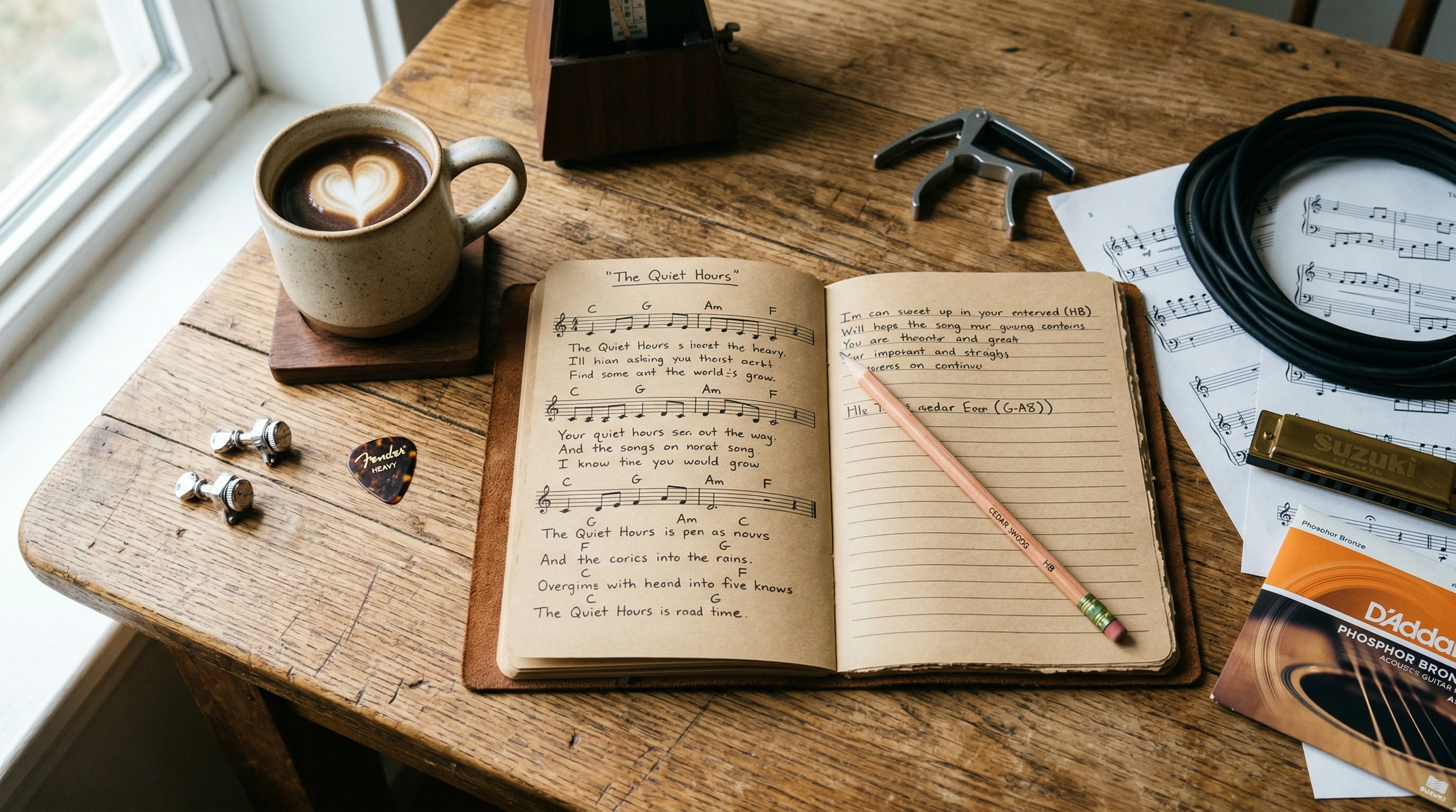 notebook with headphones and guitar pick for songwriting inspiration