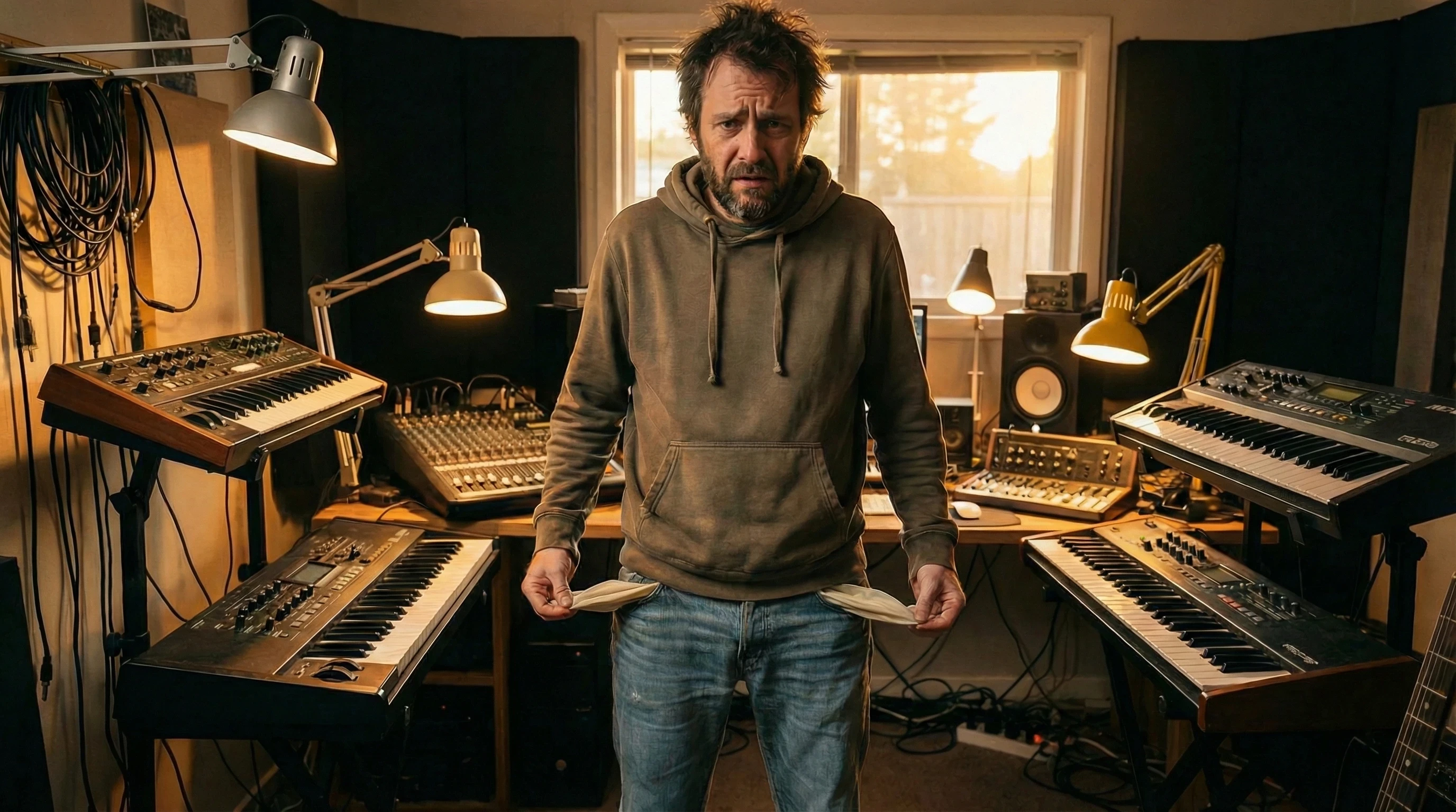 Producer with a desperate face standing in his studio with his empty pockets pulled inside out.