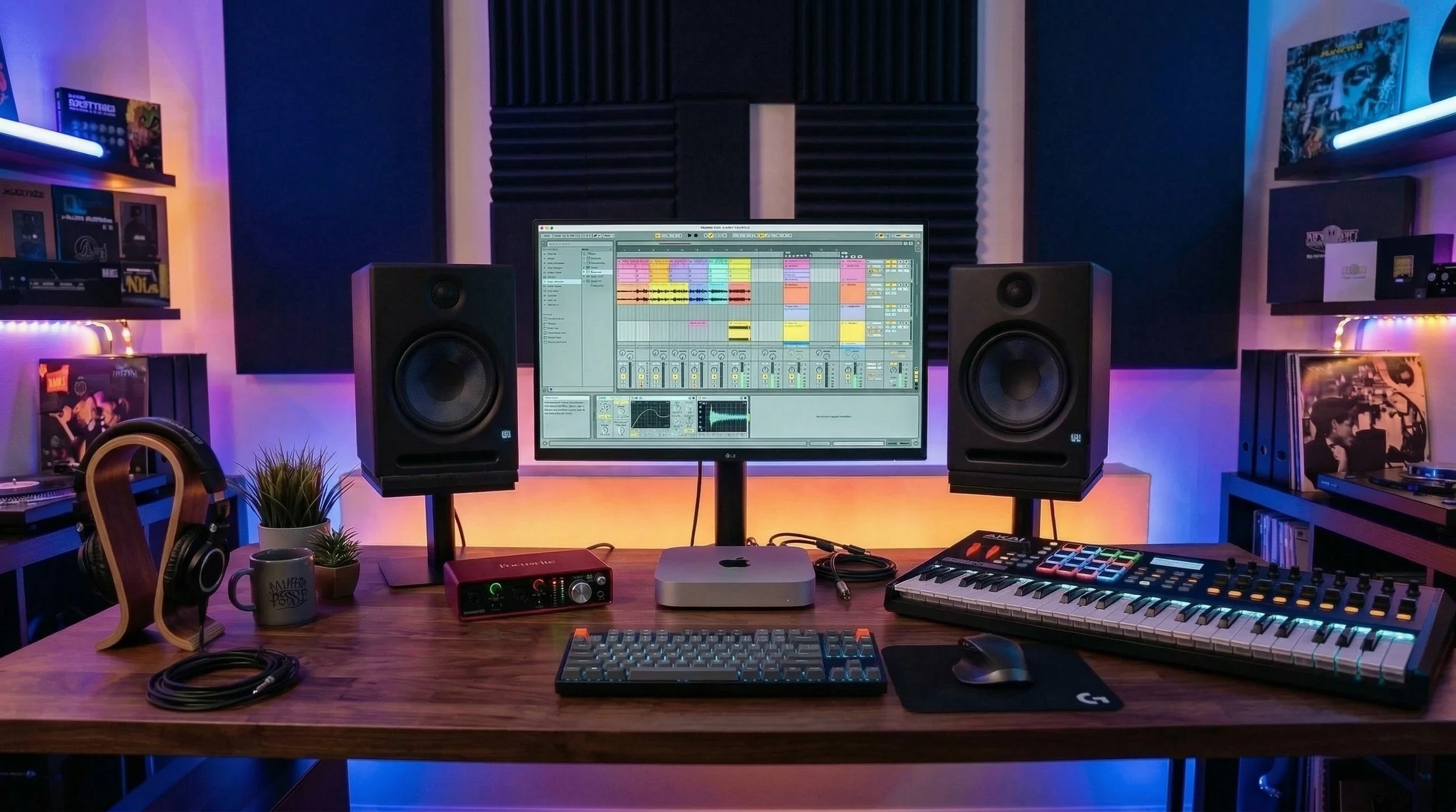 A modern music production workstation featuring studio monitors, colorful MIDI controllers, audio interface, and ambient LED lighting