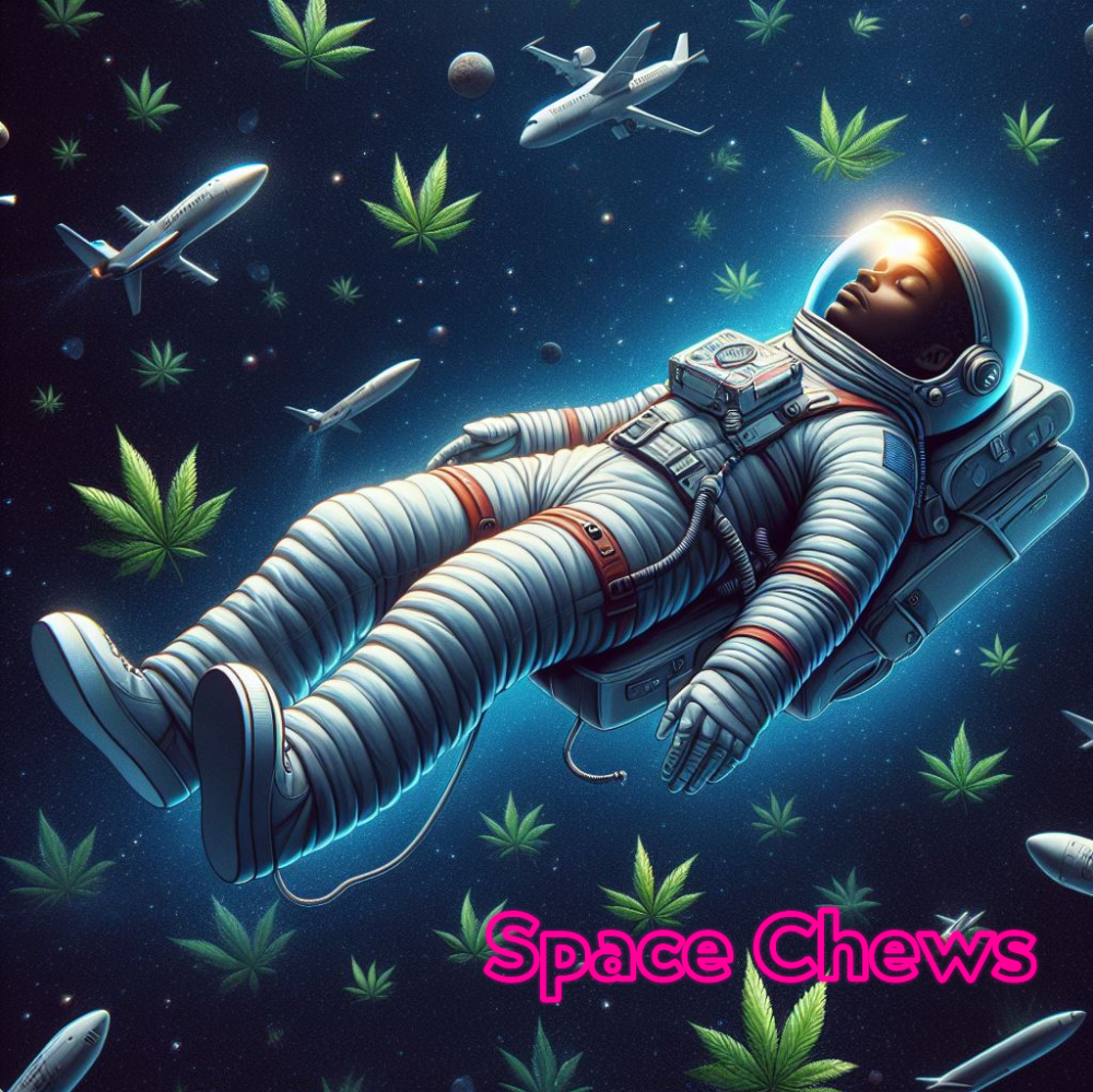 Space Chews Astronaut floating with hemp leaves and aircrafts