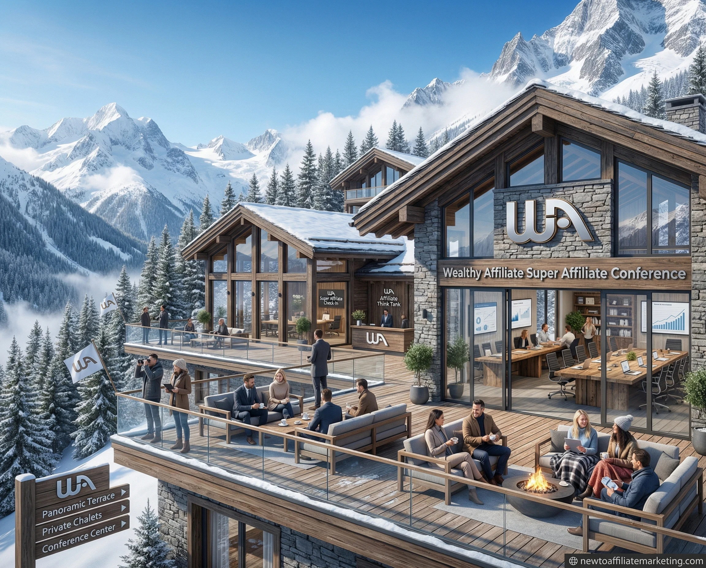 a luxury mountain retreat set high in the Swiss Alps, surrounded by snow-capped peaks and evergreen forests. The scene includes modern wooden-and-glass lodges, panoramic terraces, and a clear blue sky.