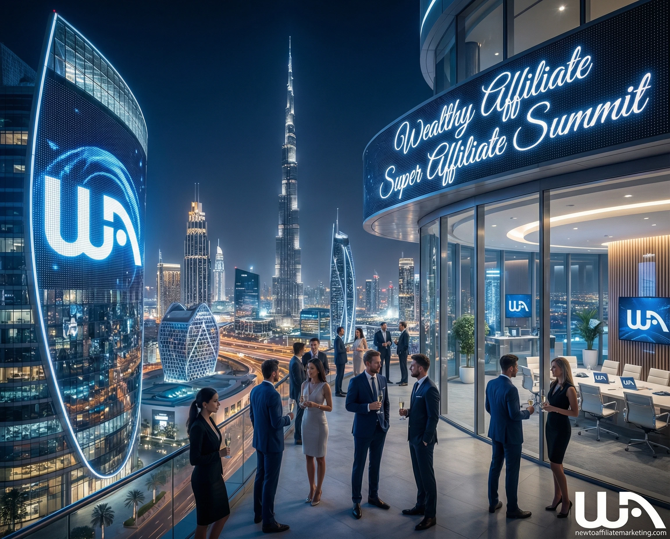 A futuristic luxury conference destination in Dubai at night, featuring glowing skyscrapers, rooftop lounges, and modern architecture. The city skyline is vibrant with lights, glass towers, and a sense of innovation.