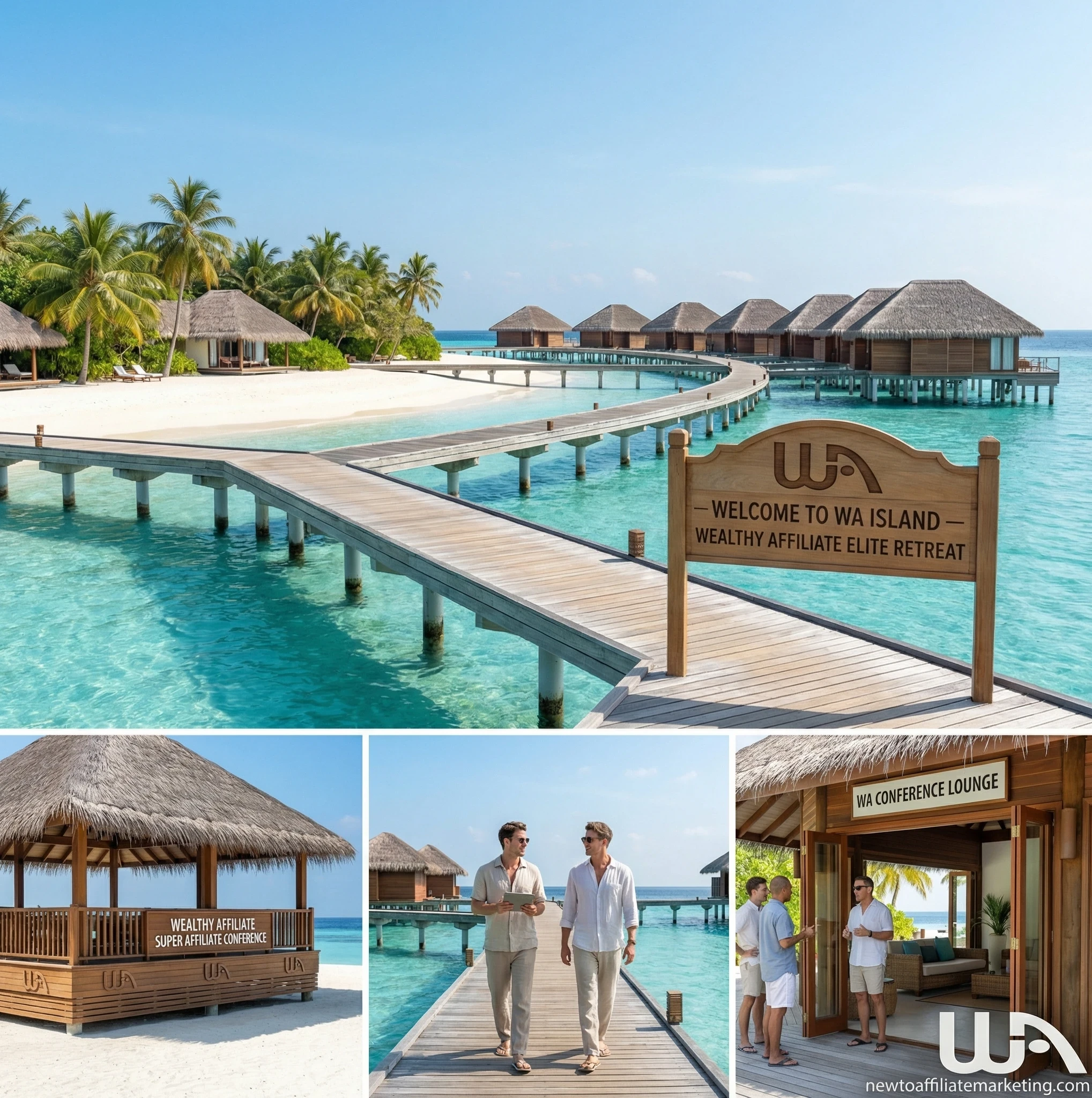 A private island resort in the Maldives surrounded by crystal-clear turquoise water. The scene includes overwater villas, wooden walkways, white sand beaches, and a bright tropical sky.