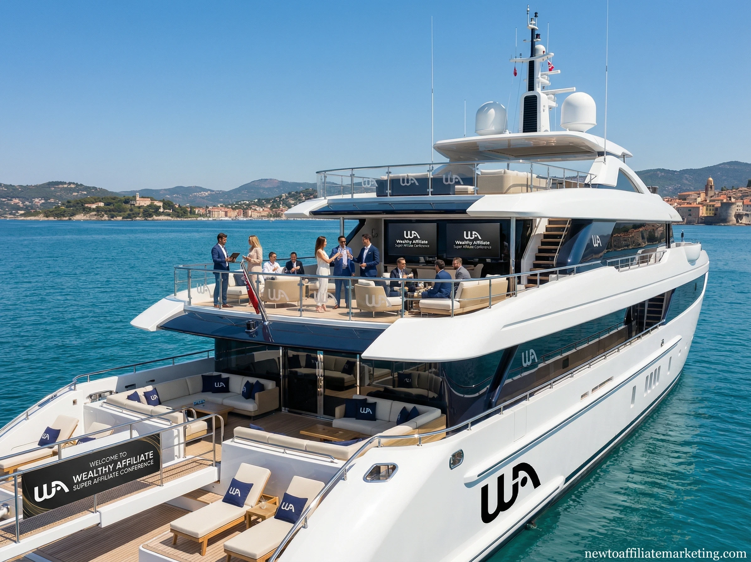 A luxury super yacht cruising the Mediterranean Sea under a clear blue sky. The yacht features modern decks, glass lounges, elegant seating areas, and calm ocean surroundings.