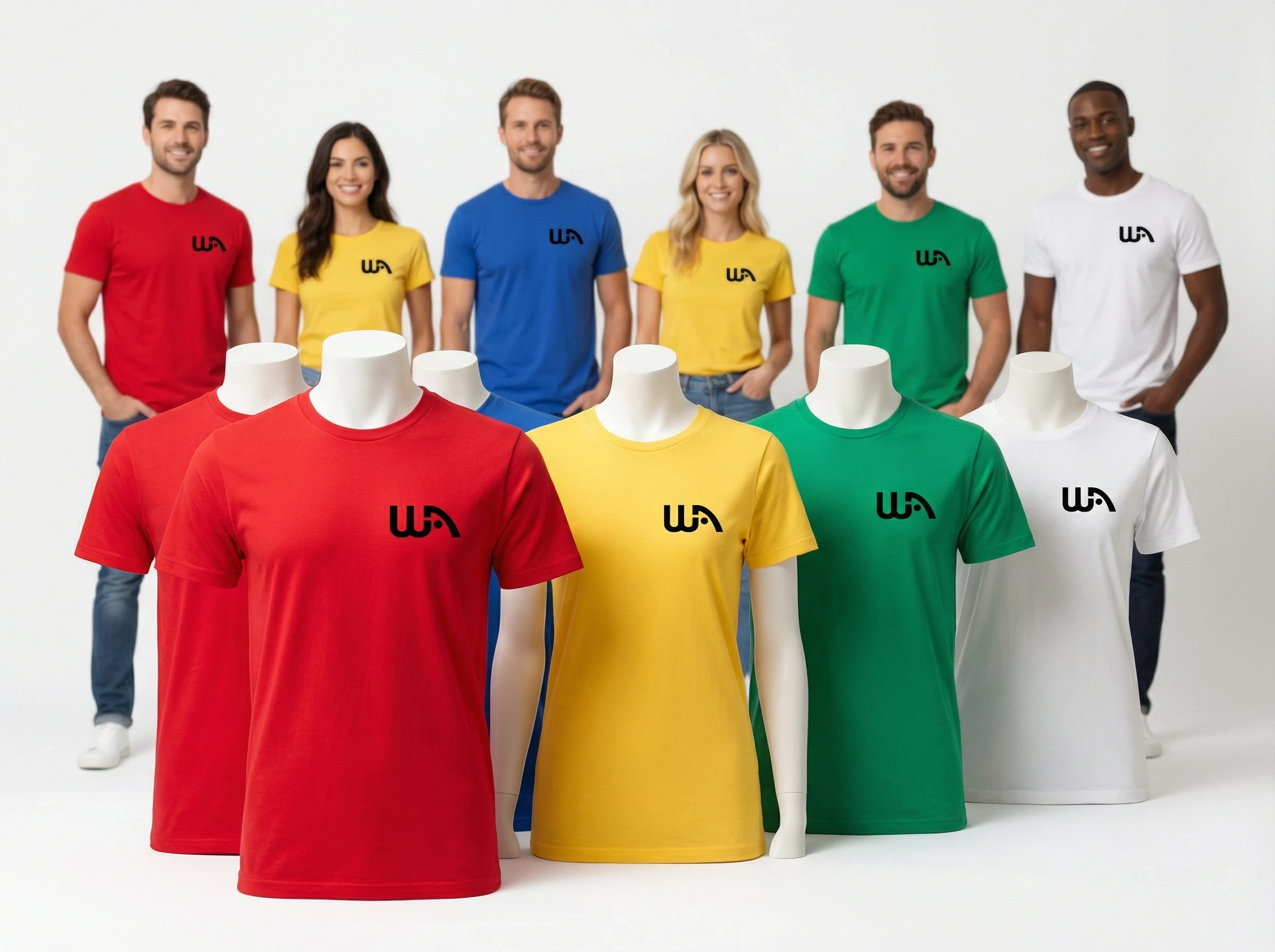 Professional product photo of Wealthy Affiliate branded t-shirts in vibrant primary colors (red, blue, yellow, green) with the official WA logo on the chest, studio fashion photography style.