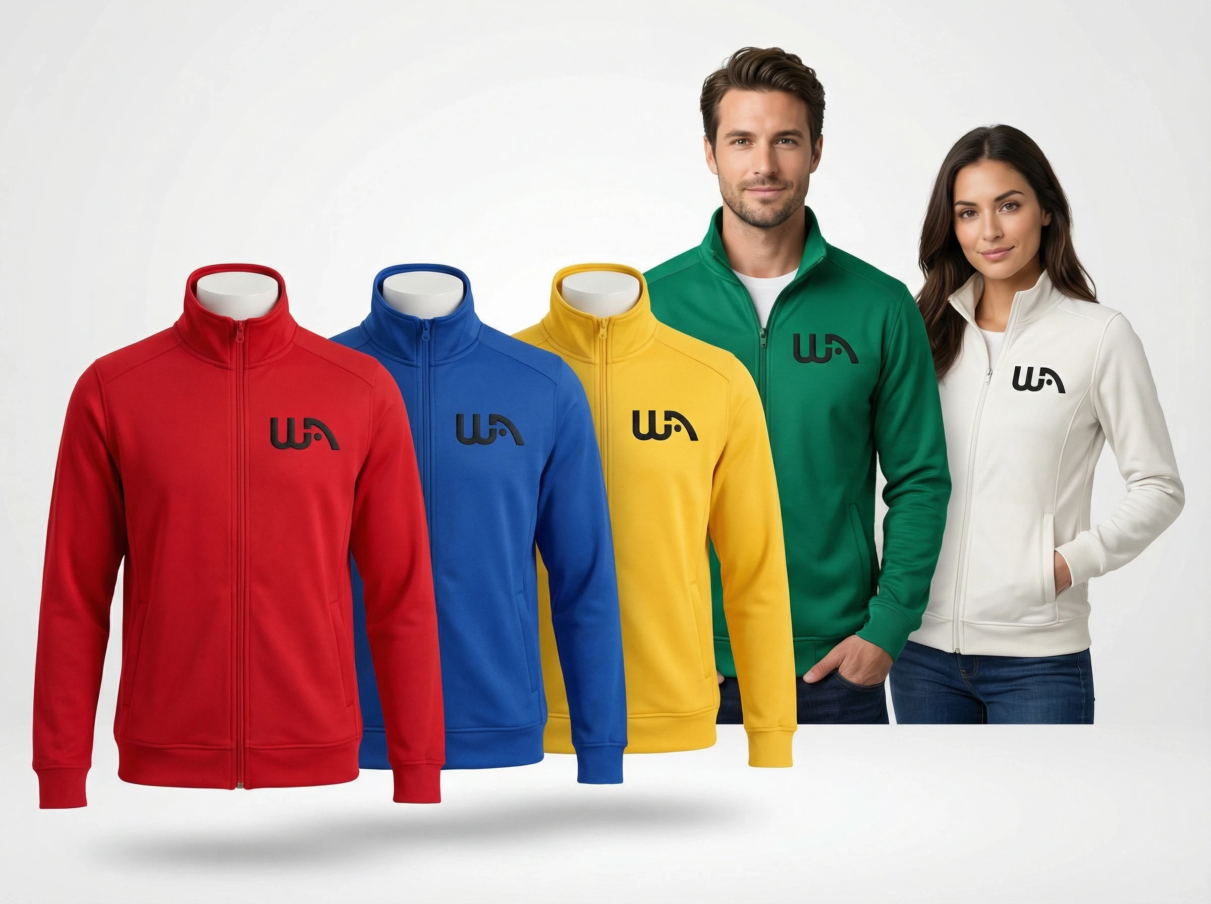 Premium product scene of Wealthy Affiliate branded zip-up jackets in assorted primary colors (red, blue, yellow, green) featuring the official WA logo, clean studio lighting.