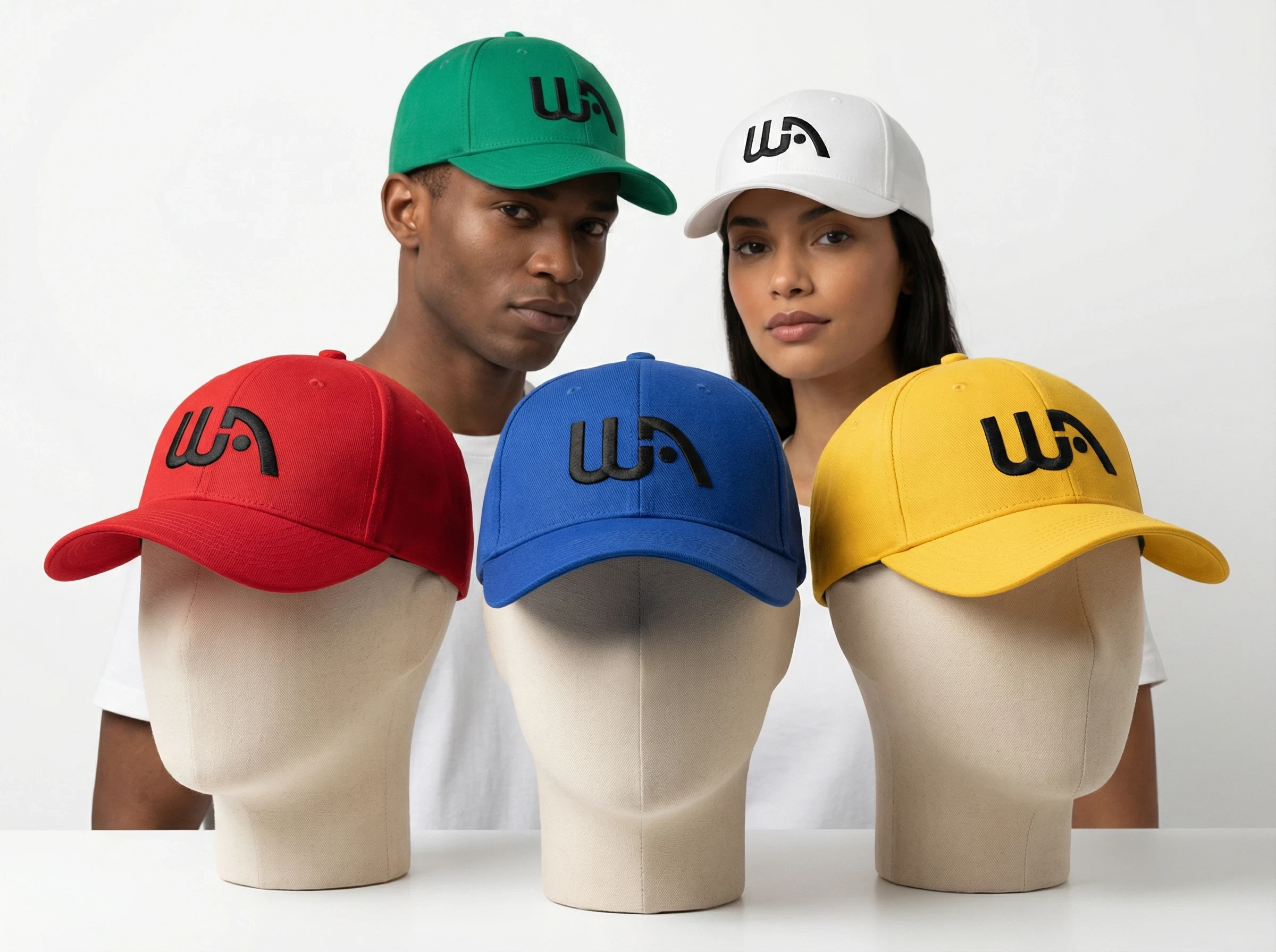 High-quality product image of Wealthy Affiliate branded baseball caps in vibrant primary colors (red, blue, yellow, green) with the official WA logo on the front, professional studio shot.