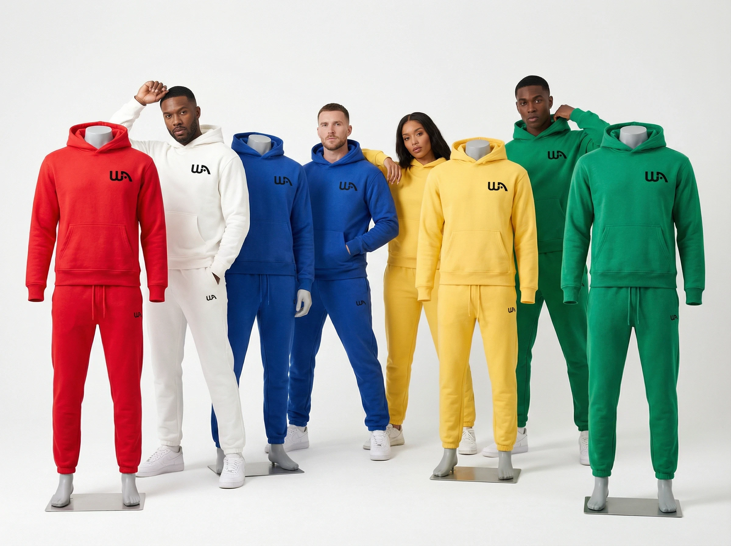 Fashion product scene showing Wealthy Affiliate streetwear sets (hoodie + joggers) in primary colors (red, blue, yellow, green) with authentic WA logo placement, modern studio photography.