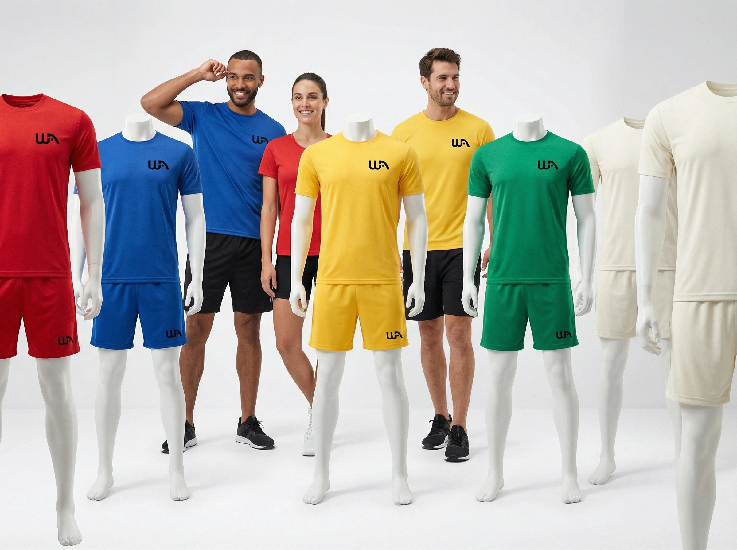 Luxury product photograph of Wealthy Affiliate premium long-sleeve polo shirts in assorted primary colors (red, blue, yellow, green) with the official WA logo on the chest.