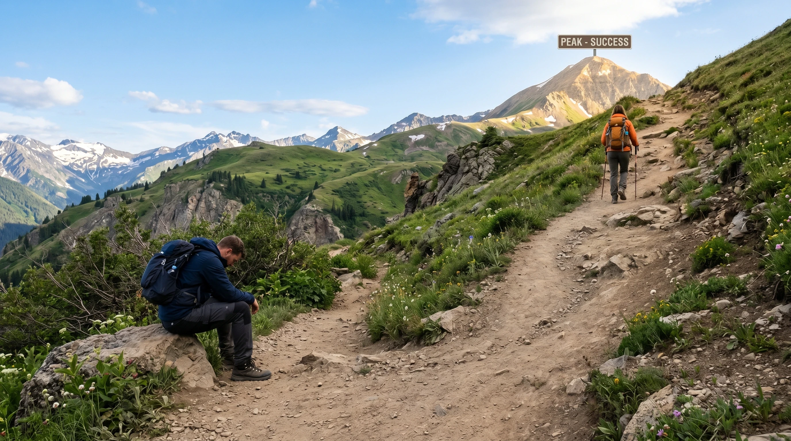 Two paths showing one person stopping early and another continuing forward, representing persistence leading to success