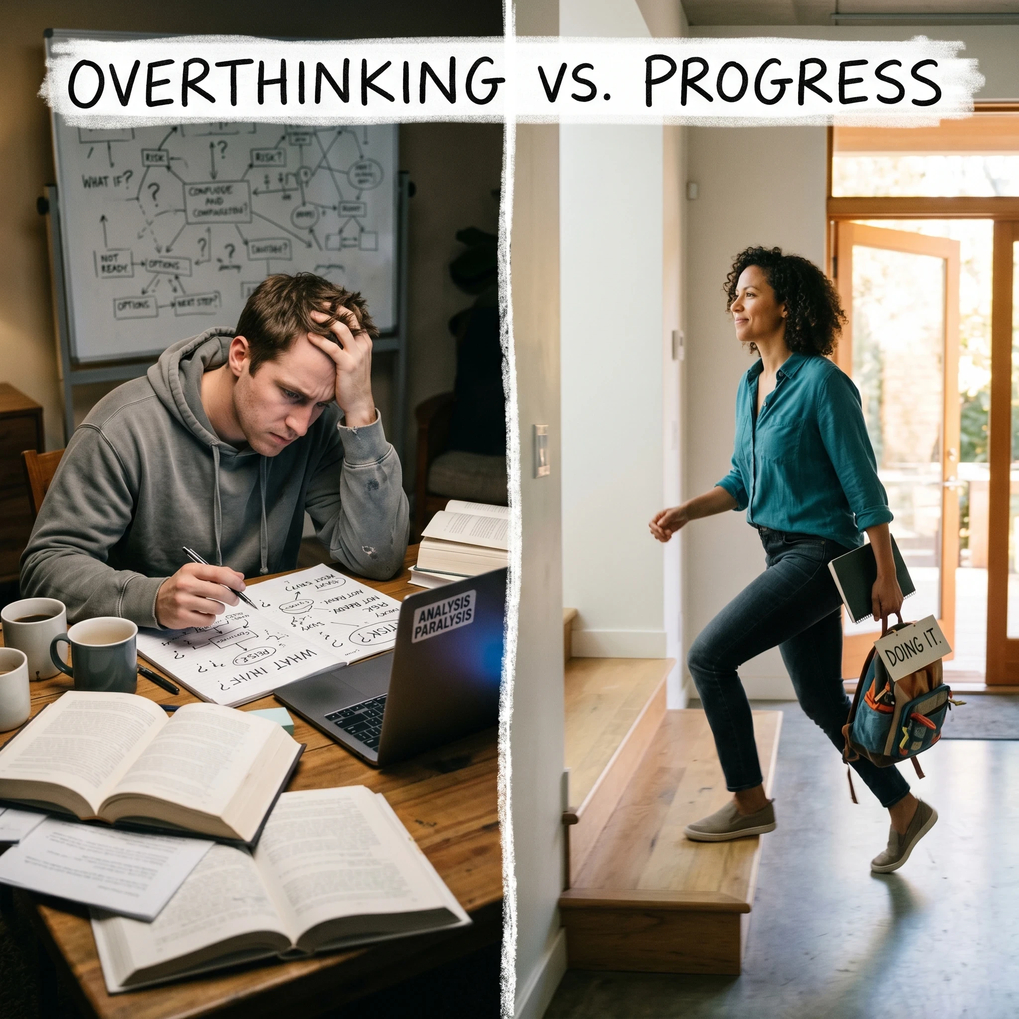 A person stuck thinking at a desk versus another person taking action and moving forward, showing the difference between overthinking and progress