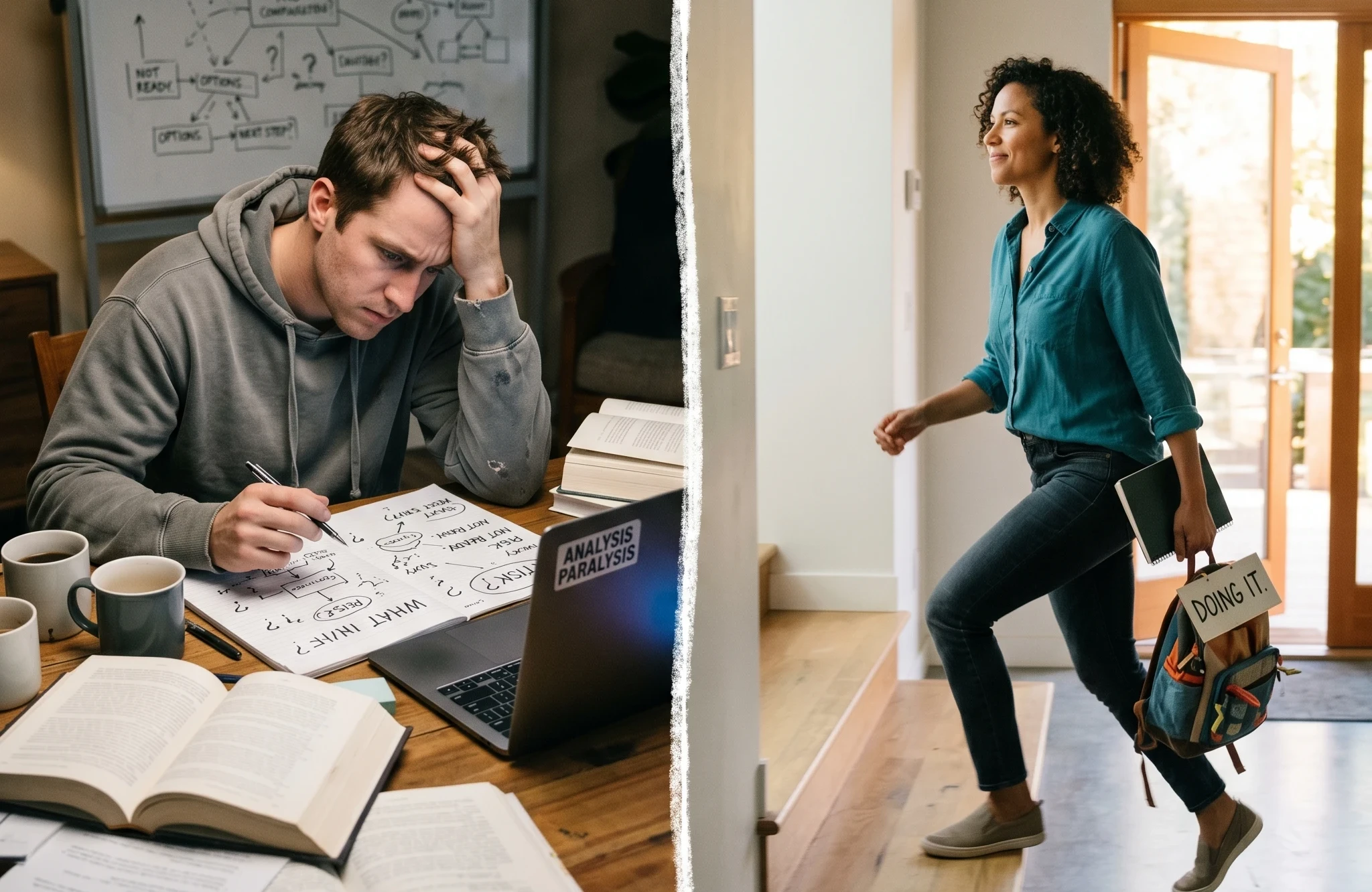 A person waiting impatiently for results versus another person calmly continuing to work, showing patience and persistence
