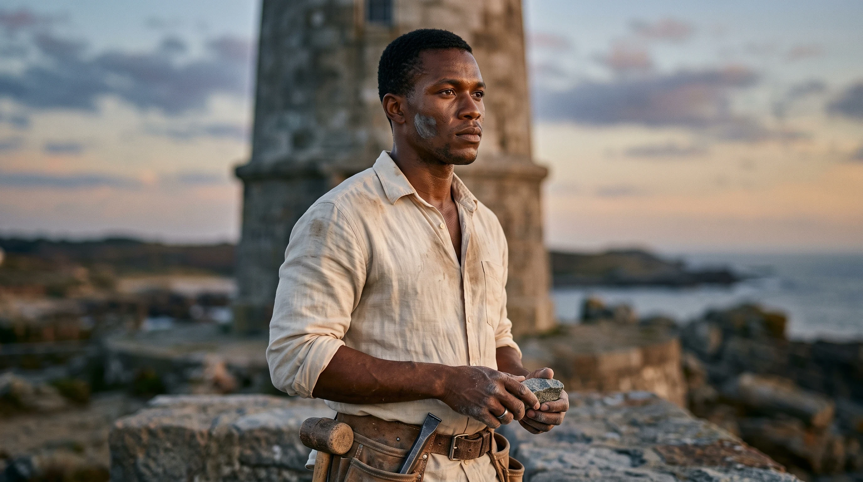 Eli — The Lighthouse Builder "Character portrait, three-quarter angle, of Eli, a young African man in his mid-twenties with short-cropped black hair, a strong angular jawline, warm dark brown skin, and calloused, weathered hands. He wears a sweat-dampened, rolled-sleeve cream linen work shirt, open at the collar, with a leather tool belt slung low on his waist holding a stone chisel and mallet. His eyes are focused and hopeful, fixed on something in the distance — a mix of exhaustion and quiet resolve on his face, a faint smudge of grey stone dust across one cheek. Background is softly blurred: the grey stone lighthouse tower behind him and a hazy coastal sky at dusk. Natural outdoor lighting, warm golden key light from the left, painterly editorial portrait style, shallow depth of field, realistic skin texture, no text or logos."