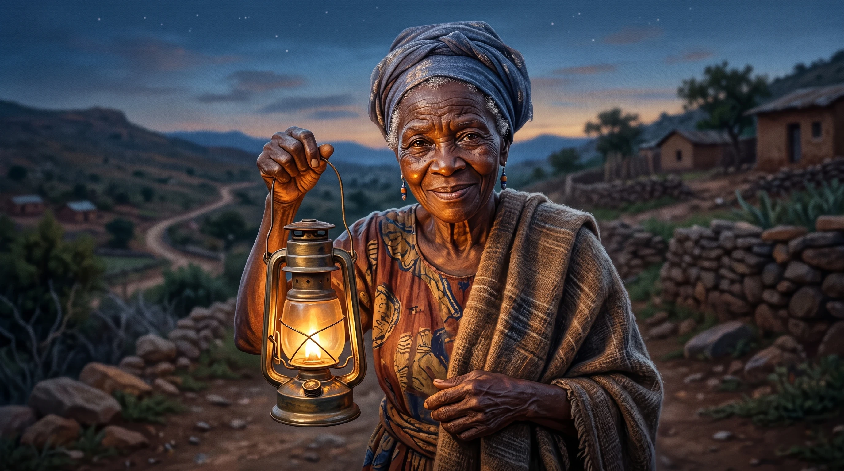 Mama Adaeze — The Fish Seller of the Hill "Character portrait of Mama Adaeze, an elderly African woman in her seventies with a warm, weathered, deeply lined face full of character, silver-grey hair wrapped in a faded indigo headscarf (gele-style), and kind, sharp, knowing eyes that suggest quiet wisdom and humor. She wears a simple, well-worn wax-print cotton dress in muted rust-and-ochre tones, a woven shawl draped over one shoulder against the evening chill. She holds an old brass lantern in one hand, its warm light casting a soft glow up across her face, and stands with a slight forward lean as if mid-conversation, one eyebrow faintly raised. Background is a blurred hillside at dusk with the suggestion of stacked stones nearby. Soft warm lantern lighting mixed with cool blue twilight ambient light, painterly portrait style, rich texture in fabric and skin, dignified and grounded expression, no text or logos."