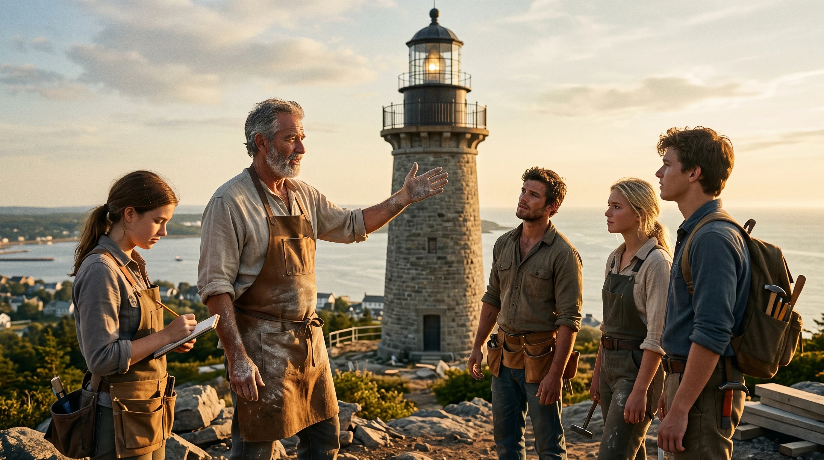 Builders Talking With Eli "Wide-to-medium shot atop Hopewell Hill at late afternoon: an older, greying Eli — now weathered, confident, dressed in a simple linen work shirt and leather apron, stone dust on his forearms — stands beside his finished stone lighthouse, gesturing toward the tower while speaking to three or four young apprentice builders gathered around him in a loose semicircle. The apprentices are a mixed group of young men and women in their late teens and twenties, wearing simple work clothes and satchels of tools, listening intently — one taking notes on a small slate, another looking up at the lighthouse with wide, inspired eyes. The finished lighthouse rises tall and proud behind them, its lamp softly glowing even in daylight, the harbor and sea visible far below in the background haze. Warm late-afternoon sunlight, painterly realism, sense of mentorship and quiet inspiration, golden-hour rim lighting on the group, wide shot with the tower as a dominant vertical anchor. Aspect ratio 16:9."