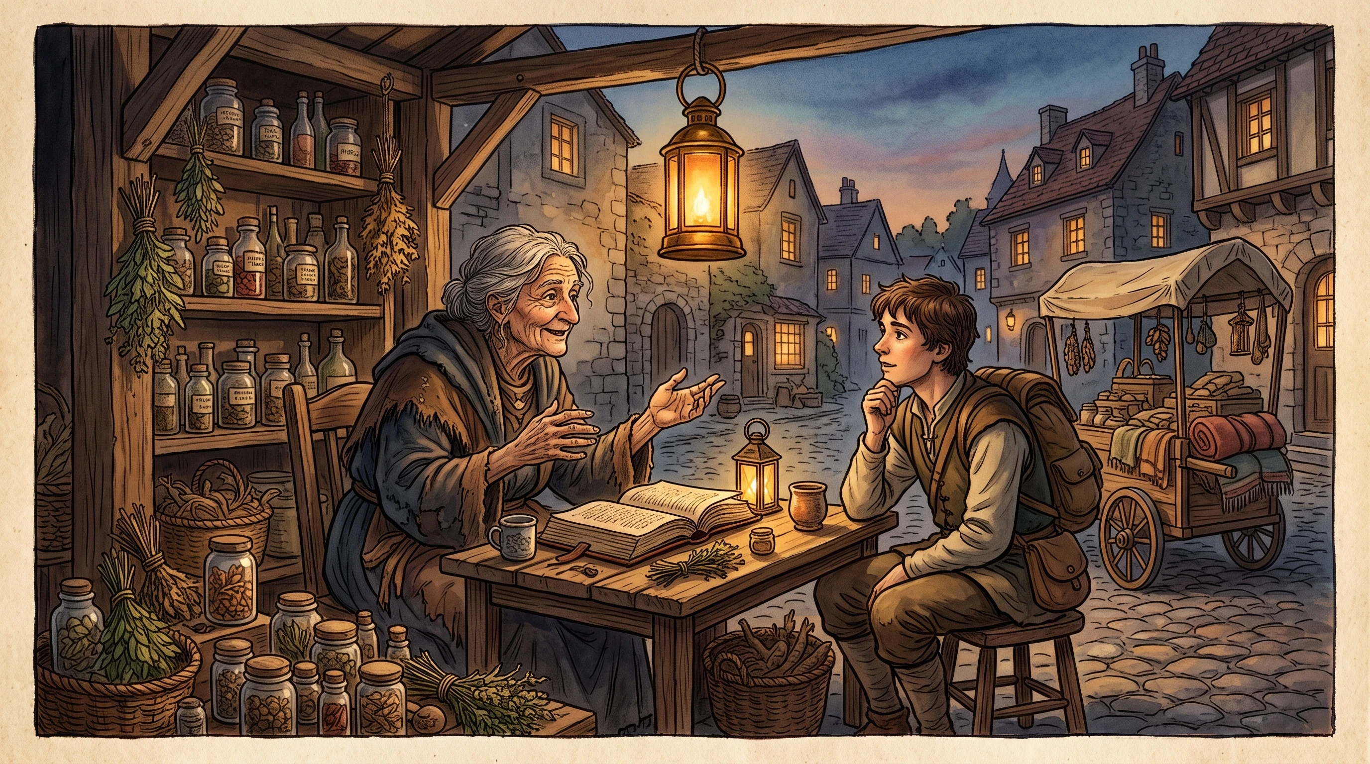 The Wayfinder's Cottage "Interior of a crooked, cozy cottage stacked floor-to-ceiling with hand-drawn maps and scrolls, lit by candlelight. An elderly woman with spectacles and a knowing smile sits at a wooden table, pointing at an unrolled map spread before a young apprentice leaning in intently. Warm firelight, dust motes in the air, cluttered rustic shelves, storybook illustration style, cozy folklore tone, muted earth tones with warm amber highlights."