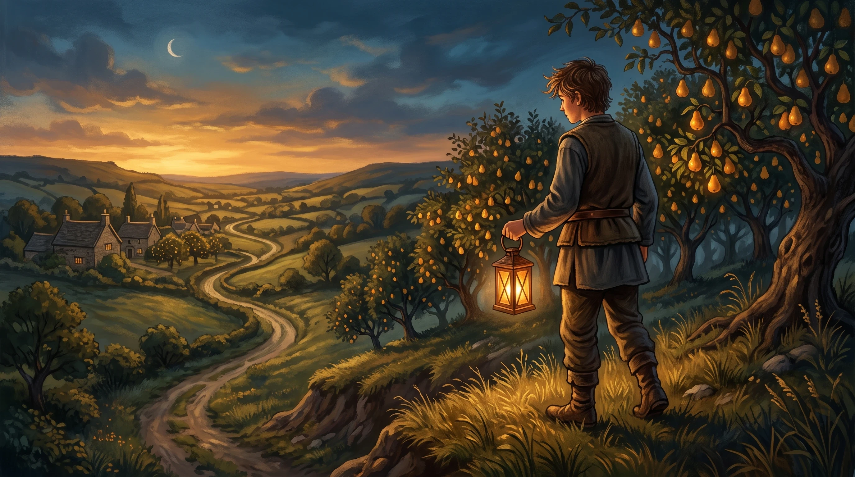"A young man in rustic folk-era clothing standing atop a grassy ridge at golden-hour dusk, looking down at a winding dirt trail through a valley, holding a small hand-carved wooden lantern that glows warmly. Behind him, a hidden orchard heavy with golden pear-like fruit. Style: warm painterly storybook illustration, soft cinematic lighting, rich amber and deep blue color palette, folklore fantasy atmosphere, detailed but not photorealistic, wide landscape composition."