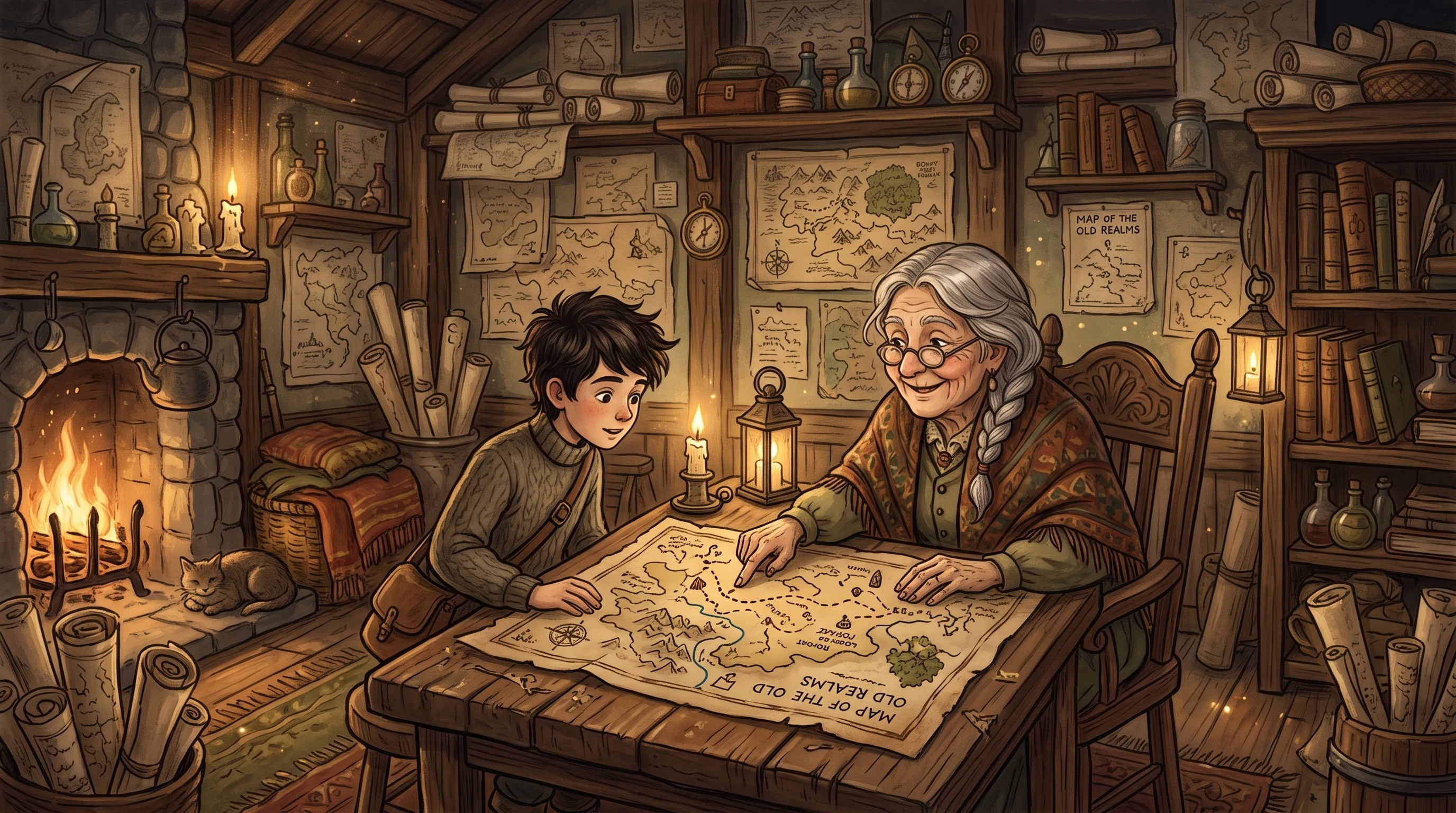 The Wayfinder's Cottage "Interior of a crooked, cozy cottage stacked floor-to-ceiling with hand-drawn maps and scrolls, lit by candlelight. An elderly woman with spectacles and a knowing smile sits at a wooden table, pointing at an unrolled map spread before a young apprentice leaning in intently. Warm firelight, dust motes in the air, cluttered rustic shelves, storybook illustration style, cozy folklore tone, muted earth tones with warm amber highlights."
