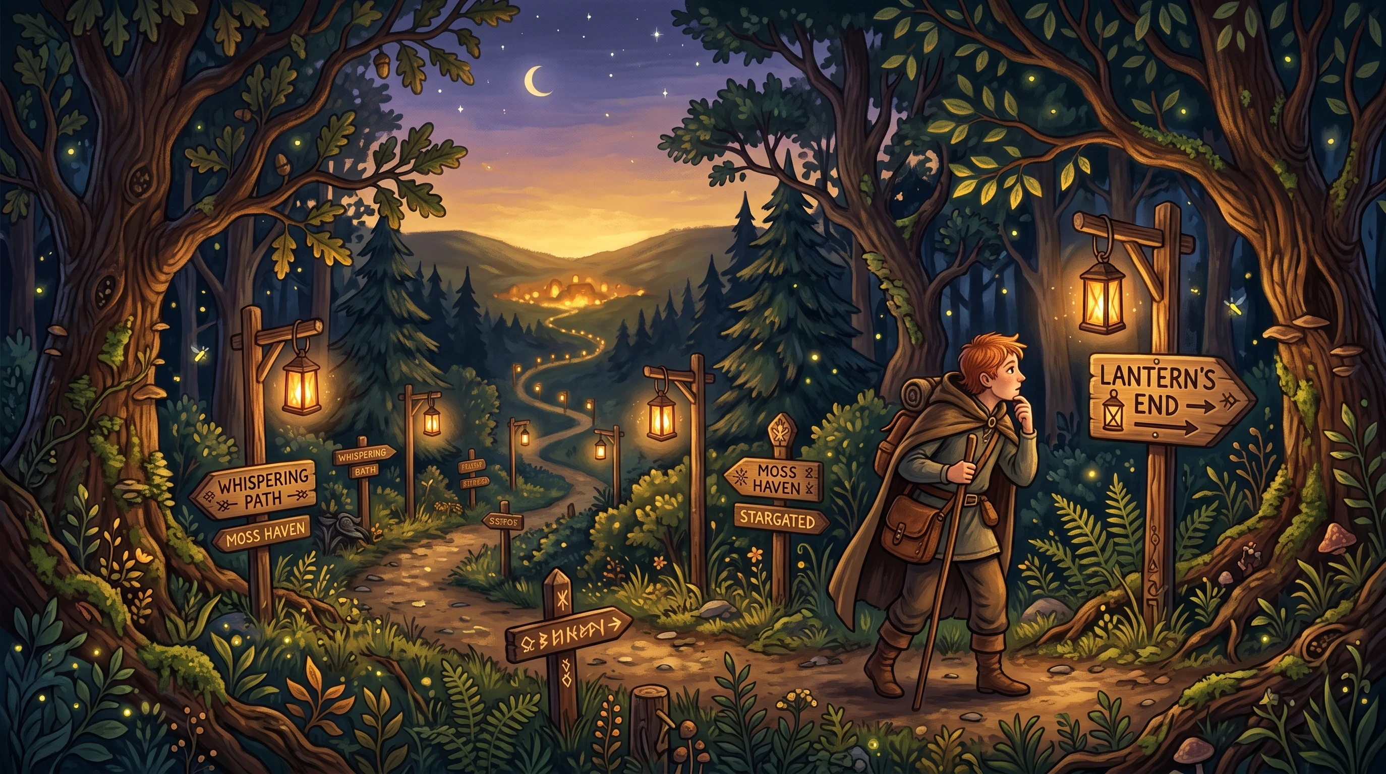 The Lantern-Lit Trail "A winding forest trail at twilight lined with small hand-carved wooden signposts and glowing lanterns hung on wooden posts, leading off into the distance toward a soft glow over a hill. A lone traveler with a satchel walks along the path, looking curiously at one of the signs. Style: warm folk-tale illustration, twilight blue-purple sky fading to amber near the horizon, gentle magical realism, detailed foliage, inviting and hopeful mood."
