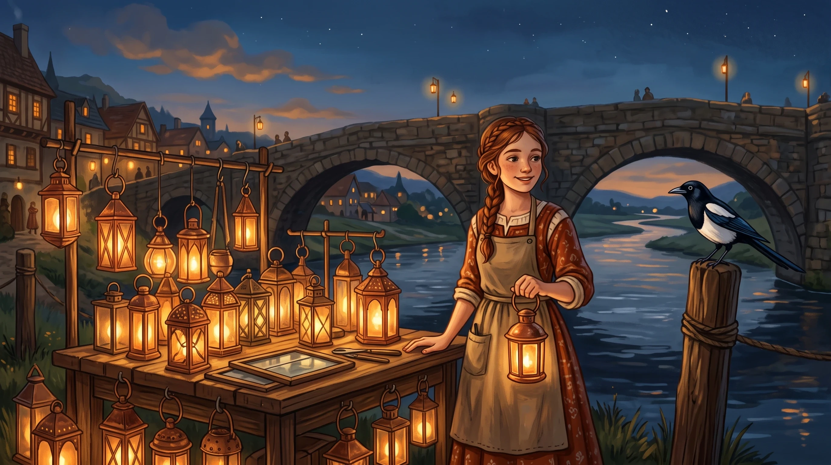 A warm, painterly folktale illustration of a young female lanternmaker with braided auburn hair, wearing a rustic apron over a rust-and-cream medieval-village dress, standing behind a wooden market table piled with glowing copper-framed lanterns at the mouth of a stone bridge crossing a wide slow river at dusk. A sharp-eyed black-and-white magpie perches on a nearby wooden post. Warm golden lantern light contrasts with the deep blue twilight sky, soft glowing bokeh from the lanterns, storybook illustration style, rich textures, gentle whimsical atmosphere, wide cinematic composition, no text.