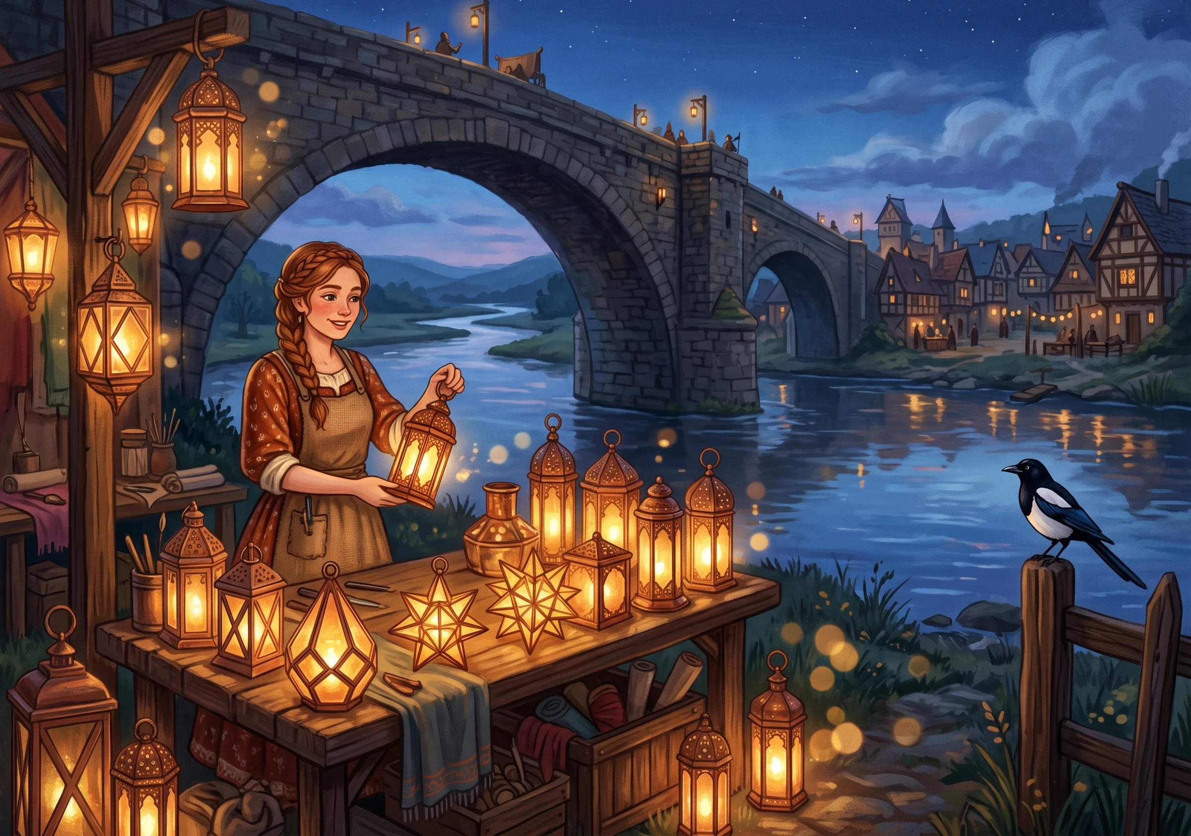 A bustling mA bustling medieval village bridge crossing scene, dozens of diverse travelers, merchants with loaded carts, shepherds with geese, and children with hoops streaming past a small wooden stall covered in gleaming lanterns, none of them stopping, the young lanternmaker sitting alone behind her table looking wistful, warm daytime lighting, dust motes in the sunbeams, detailed folk-art illustration style, muted earthy palette, expressive character faces, no text.edieval village bridge crossing scene, dozens of diverse travelers, merchants with loaded carts, shepherds with geese, and children with hoops streaming past a small wooden stall covered in gleaming lanterns, none of them stopping, the young lanternmaker sitting alone behind her table looking wistful, warm daytime lighting, dust motes in the sunbeams, detailed folk-art illustration style, muted earthy palette, expressive character faces, no text.