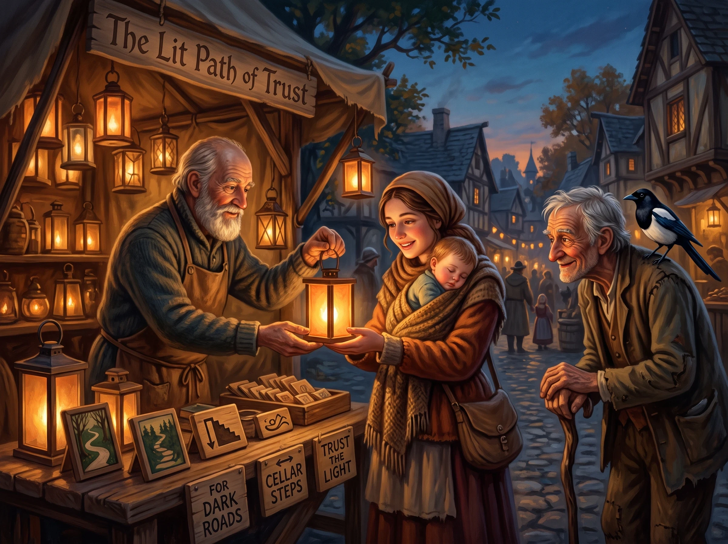 An intimate evening scene at a redesigned market stall: the lanternmaker gently placing a lit, glowing lantern into the hands of a grateful young mother, an old stooped tinker with a wooden cane and a magpie on his shoulder watching warmly from the side, small hand-painted signs about dark roads and cellar steps arranged neatly on the table, soft warm lantern glow illuminating everyone's faces against a darkening blue sky, cozy folktale illustration style, rich warm color palette, storybook detail, no text.