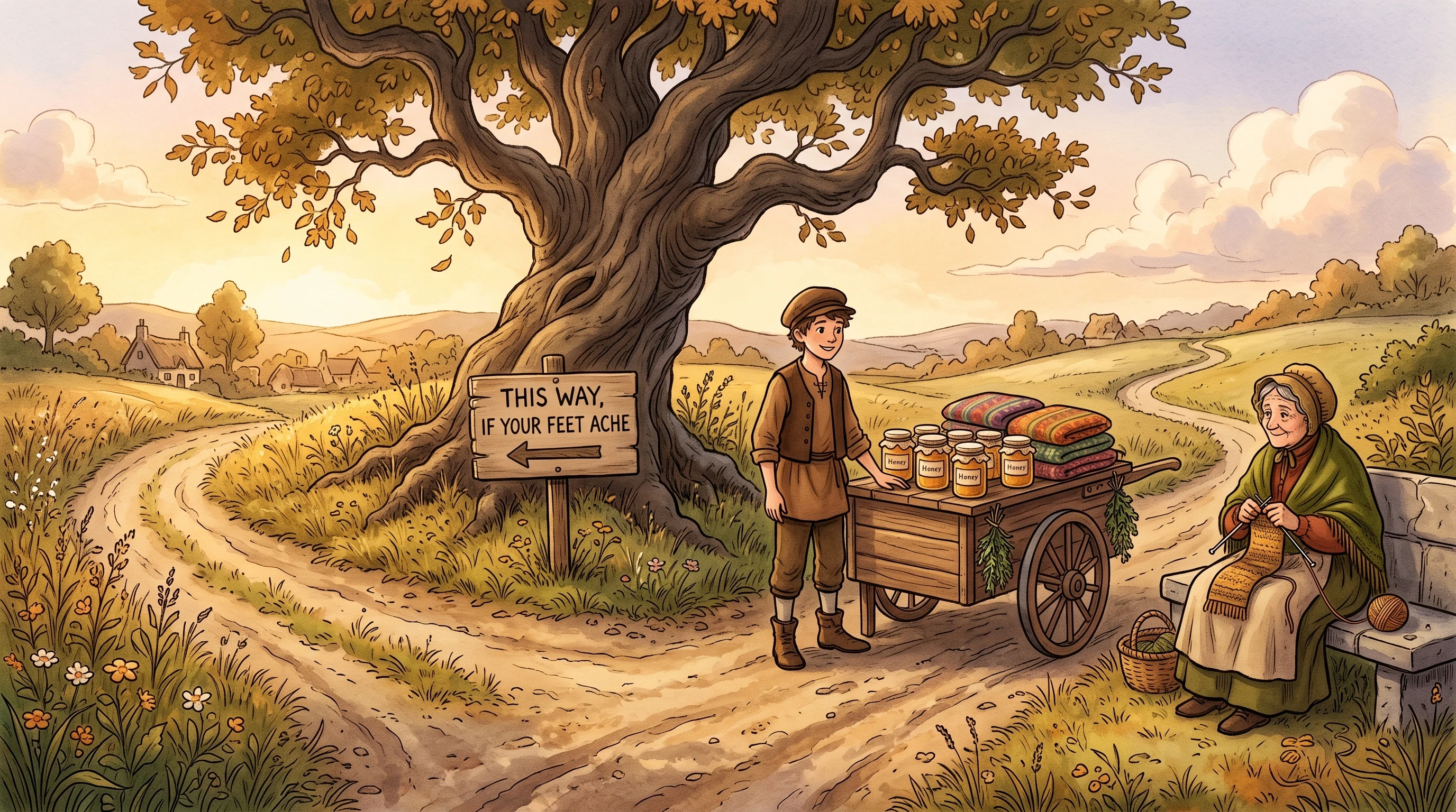 A warm, whimsical folktale illustration of a young trader named Tobin standing beside a small wooden market cart at a crossroads beneath a giant crooked oak tree, three dirt roads converging in the foreground, golden late-afternoon light, a hand-painted wooden sign reading 'This way, if your feet ache' with a carved arrow, jars of honey and folded cushions neatly arranged in a single clear line on the cart, an old woman in a moss-green shawl knitting on a stone bench nearby, soft storybook watercolor style, warm amber and forest-green palette, gentle magical realism, wide establishing shot, no text overlays.
