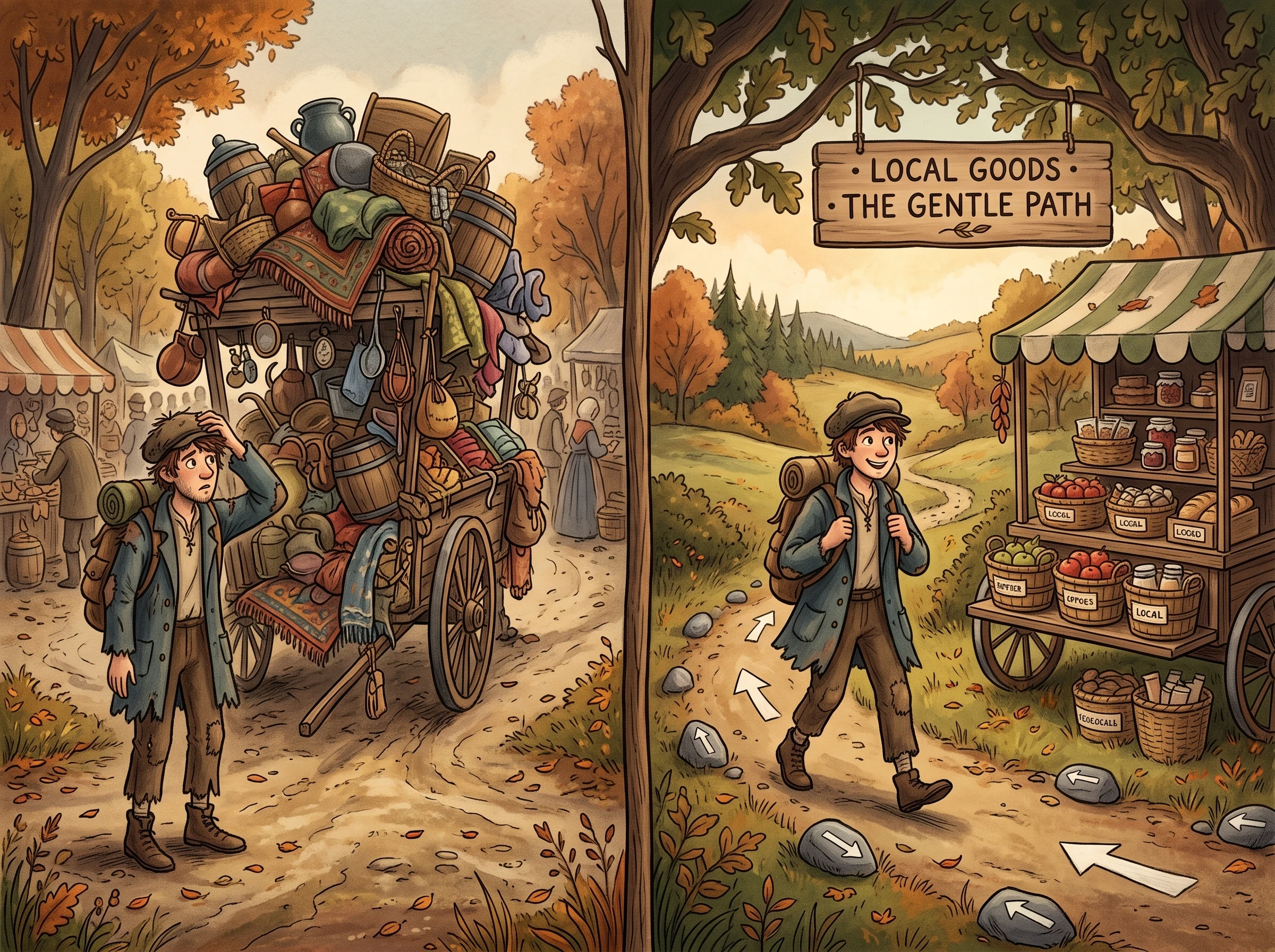 A folktale-style illustration split into two contrasting scenes: on the left, a confused traveler standing before a chaotic, overcrowded market cart piled randomly with mismatched goods, scratching his head in bewilderment; on the right, a smiling traveler being gently guided by small painted stone arrows toward a simple, neatly organized cart with one clear wooden sign, autumn crossroads setting, warm hand-illustrated storybook art style, muted earthy tones, soft directional lighting, whimsical and inviting mood.