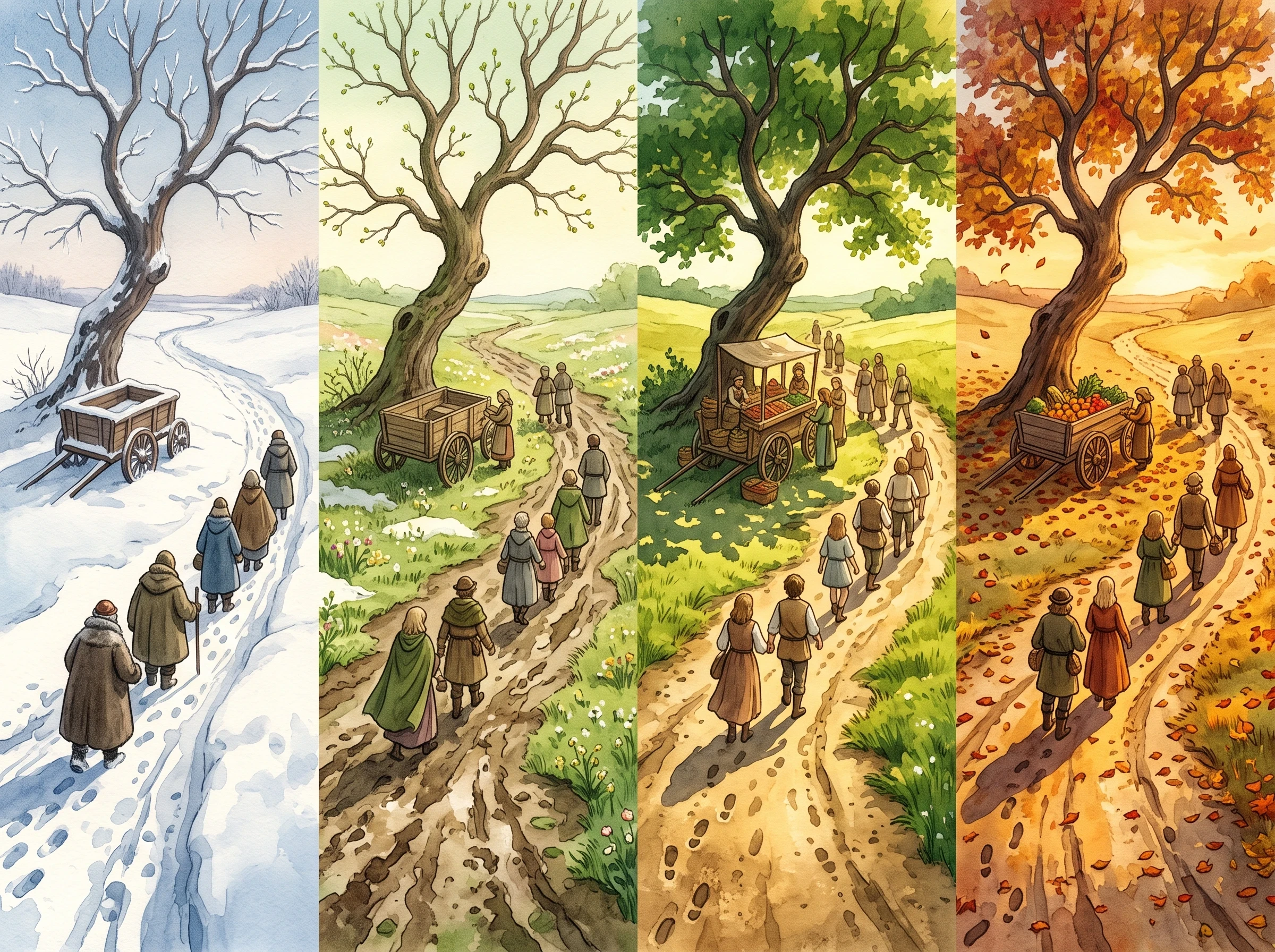 A charming folktale illustration showing the same market crossroads across four seasons in one panoramic image — winter, spring, summer, and autumn blending left to right — with the same small wooden cart and crooked oak tree standing steady through each season, a line of returning travelers and merchants walking the same worn dirt path toward the cart, footprints deeply etched into the ground, warm nostalgic color grading transitioning from cool blues to golden warmth, storybook watercolor illustration style, sense of patience, consistency, and growth over time.