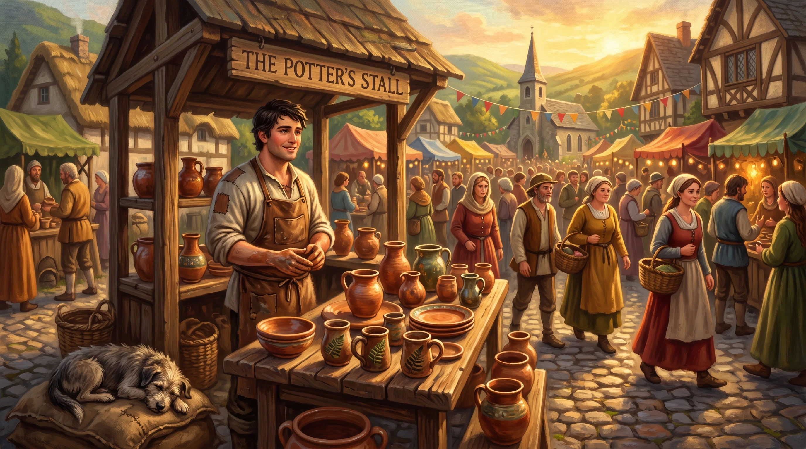 "The Potter's Stall at Market" A warm, painterly folk-art illustration of a bustling medieval-fantasy village market square at golden hour. In the foreground, a broad-shouldered young potter with clay-stained hands and a leather apron stands behind a wooden stall covered in handmade pottery — round bowls, curved jugs, mugs with fern-shaped handles. A three-legged dog naps beside the stall. Villagers in simple homespun clothing crowd around admiring the pots but walking past without buying. Warm amber sunlight slants across cobblestones, bunting flags overhead, distant green hills and thatched-roof cottages in the background. Storybook illustration style, rich warm color palette (ochre, terracotta, forest green), soft textured brushwork like a classic folktale book cover, inviting and nostalgic mood.