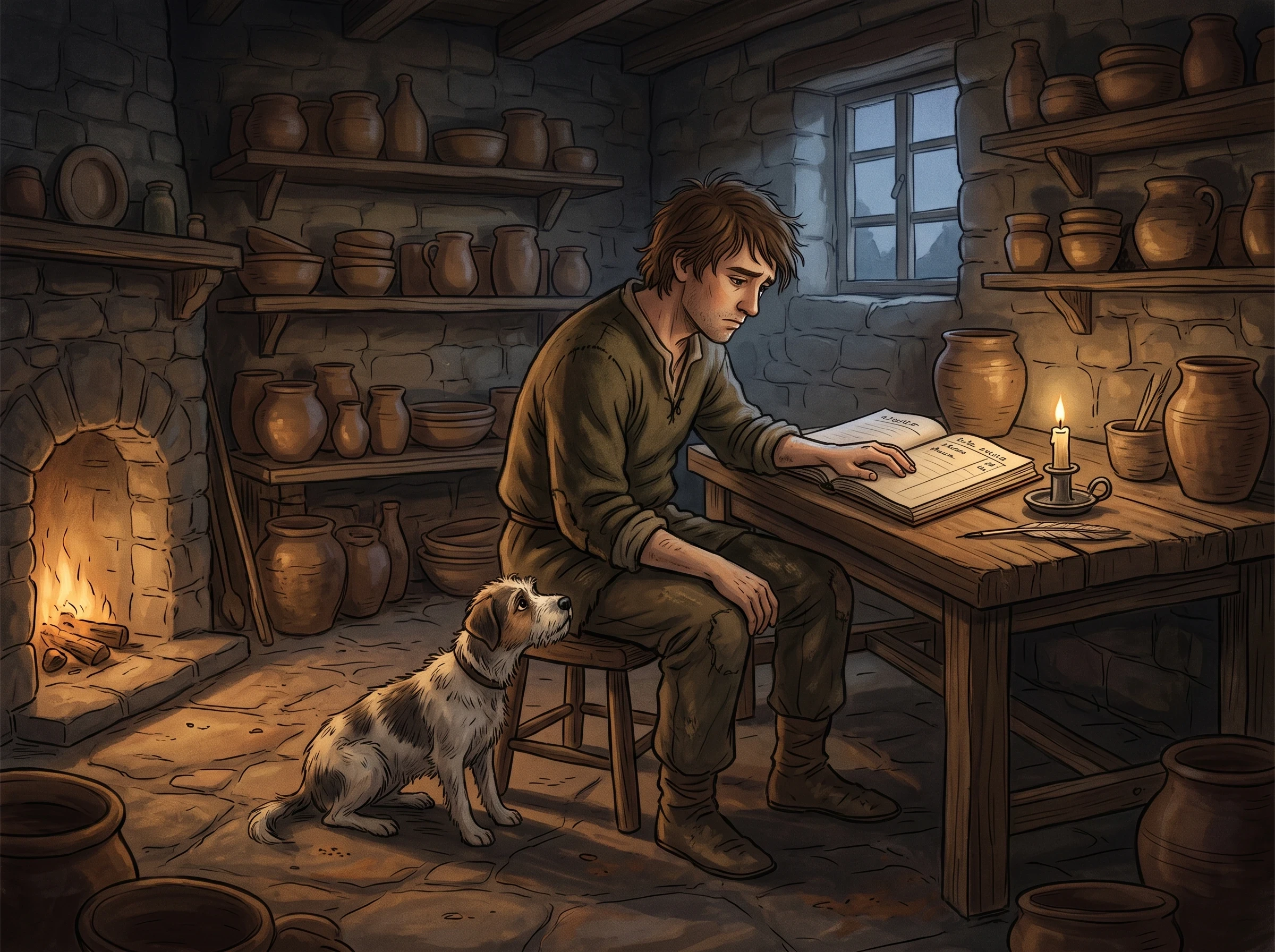 "The Empty Ledger" An evening scene inside a small stone cottage workshop lit by a single flickering candle and a low-burning hearth fire. A dejected young potter sits on a wooden stool surrounded by unsold pots stacked on shelves, staring at a nearly blank open ledger book with only a few scribbled names. A three-legged dog rests its head on his knee, looking up sympathetically. Shadows stretch long across the clay-dusted workshop floor, shelves lined with unfinished pottery and tools. Muted, melancholic color palette of deep browns, dim golds, and soft blues, warm candlelight glow, intimate folktale illustration style with gentle linework, evoking quiet disappointment and reflection.