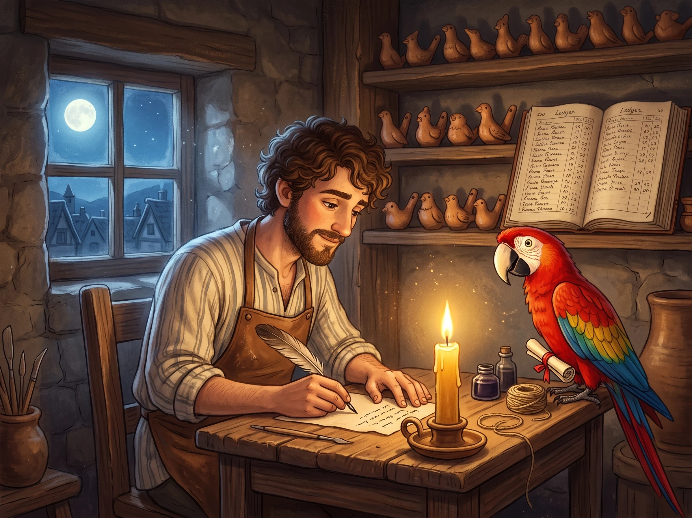 "Letters by Candlelight" A cozy nighttime scene of the same young potter sitting at a small wooden desk in his workshop, quill in hand, writing a letter by candlelight. A colorful parrot messenger perches on the desk with a tiny scroll tied to its leg, head tilted curiously. Behind him, a wall shelf displays dozens of small clay bird-shaped whistles alongside a thick, growing ledger book filled with names. Through the window, a full moon and distant village rooftops are visible. Warm golden candlelight contrasts with the cool blue night outside, richly detailed storybook illustration style, warm and hopeful mood, rendered in soft painterly textures with a folk-art charm.