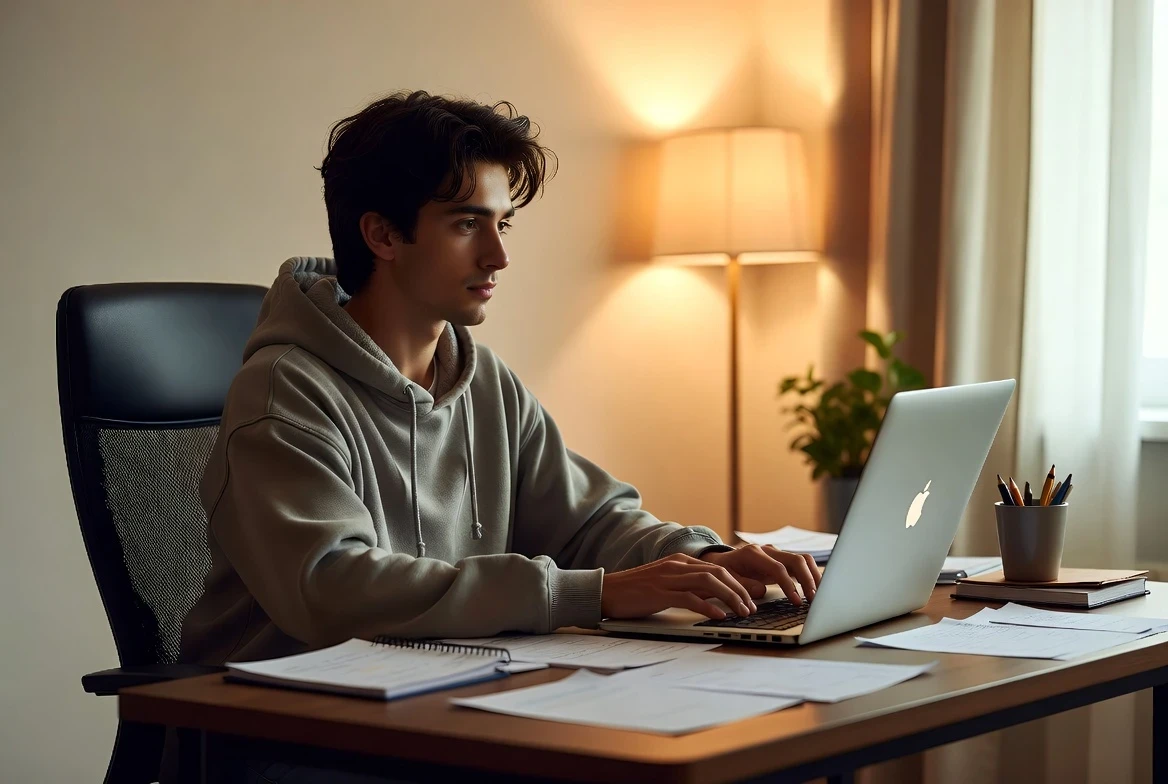 Affiliate marketer practicing writing skills on a laptop, improving content quality step by step in a focused workspace