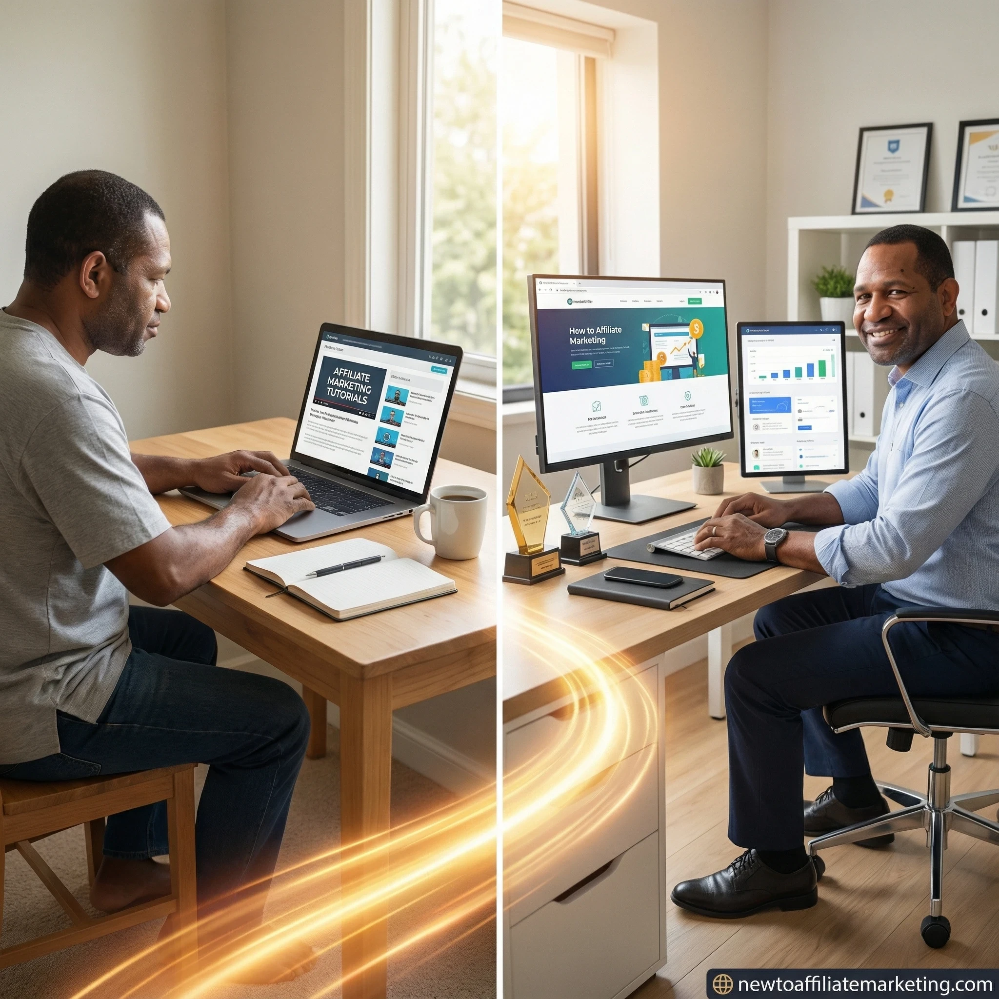 Person working quietly at desk, early morning light, perseverance mood