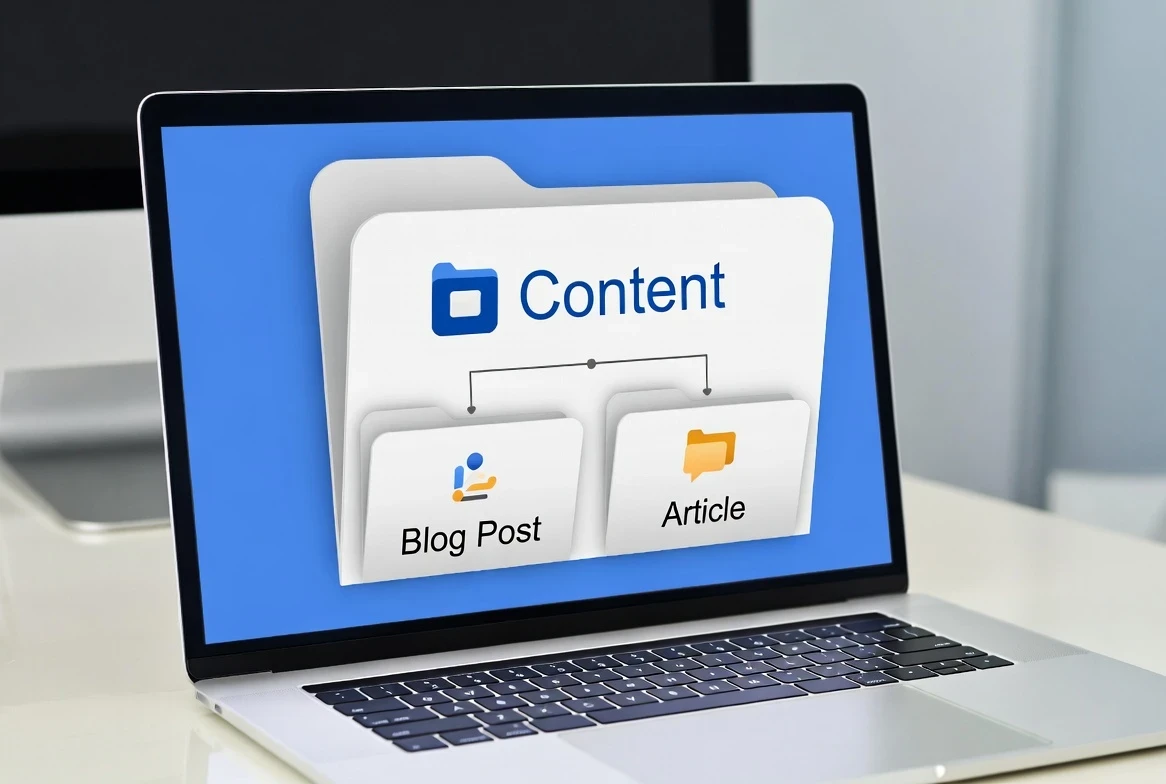 Illustration showing blog post, article, and content categories on a laptop screen