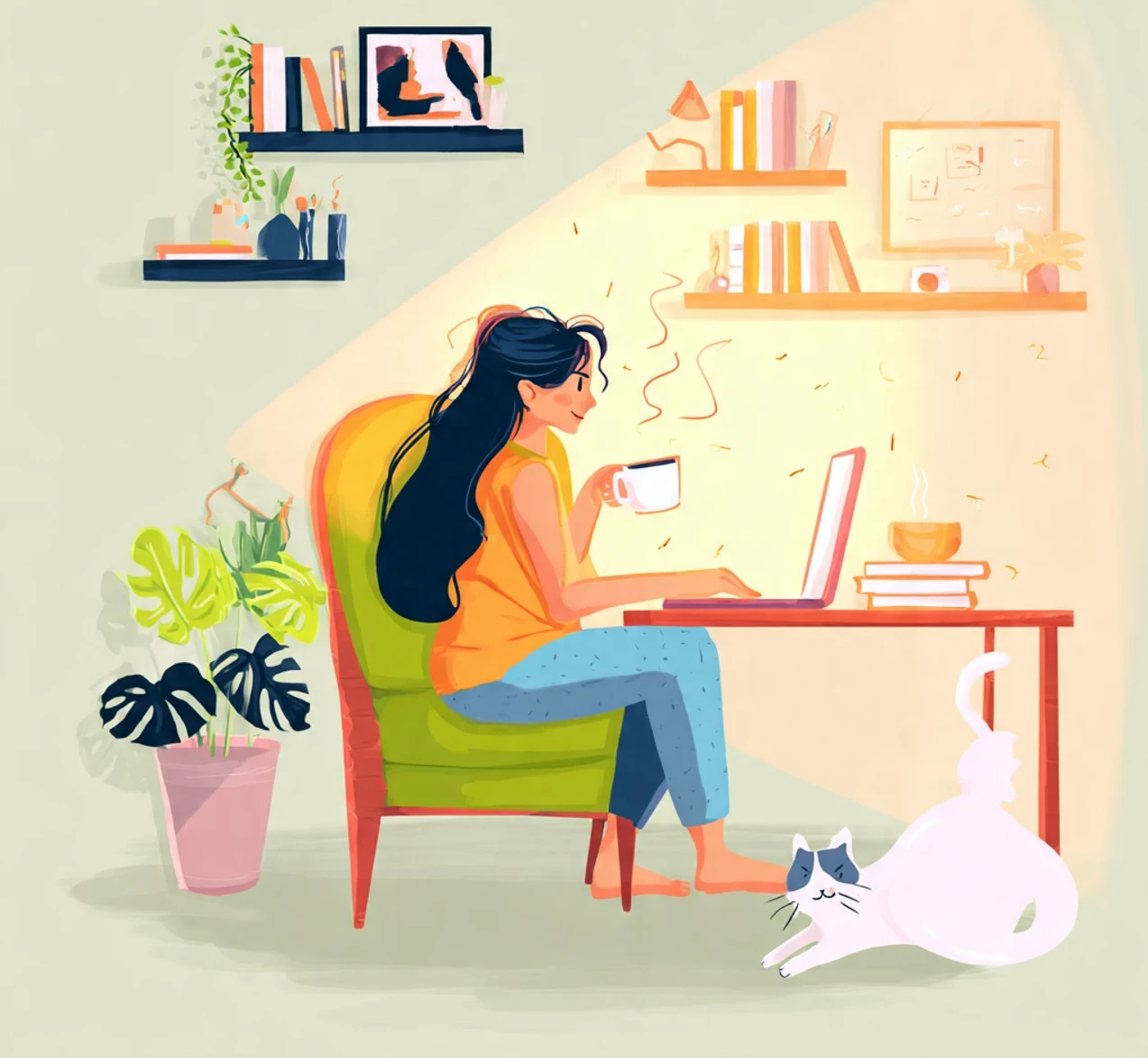 Person writing a conversational blog post on a laptop with coffee