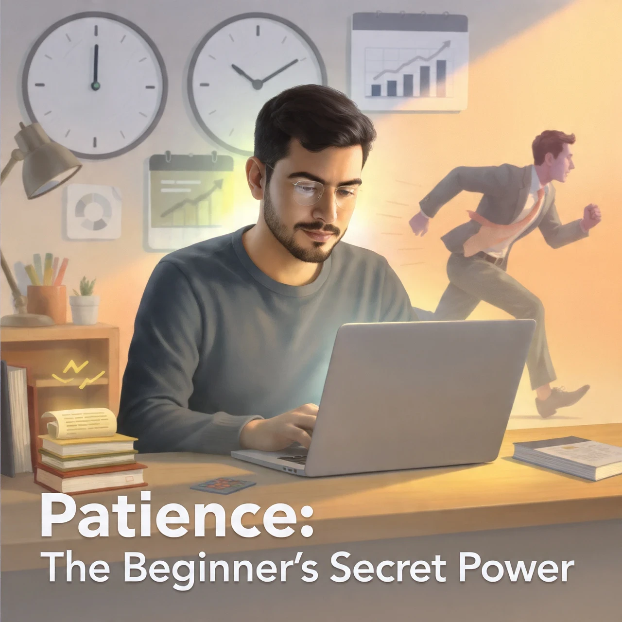Motivational image of a patient beginner affiliate marketer working steadily at a desk, with time elements and growth icons, highlighting the advantage of patience over rushed efforts
