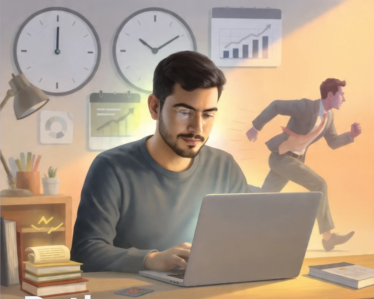 Affiliate marketer working with deep focus on a laptop, avoiding distractions and staying committed to goals in a clean workspace