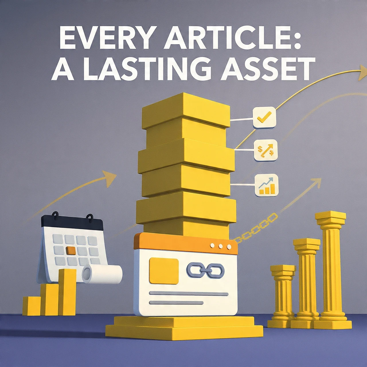 Conceptual illustration of blog articles as stacked golden assets building a website tower, with icons for visitors, sales, backlinks, and long-term value in affiliate marketing