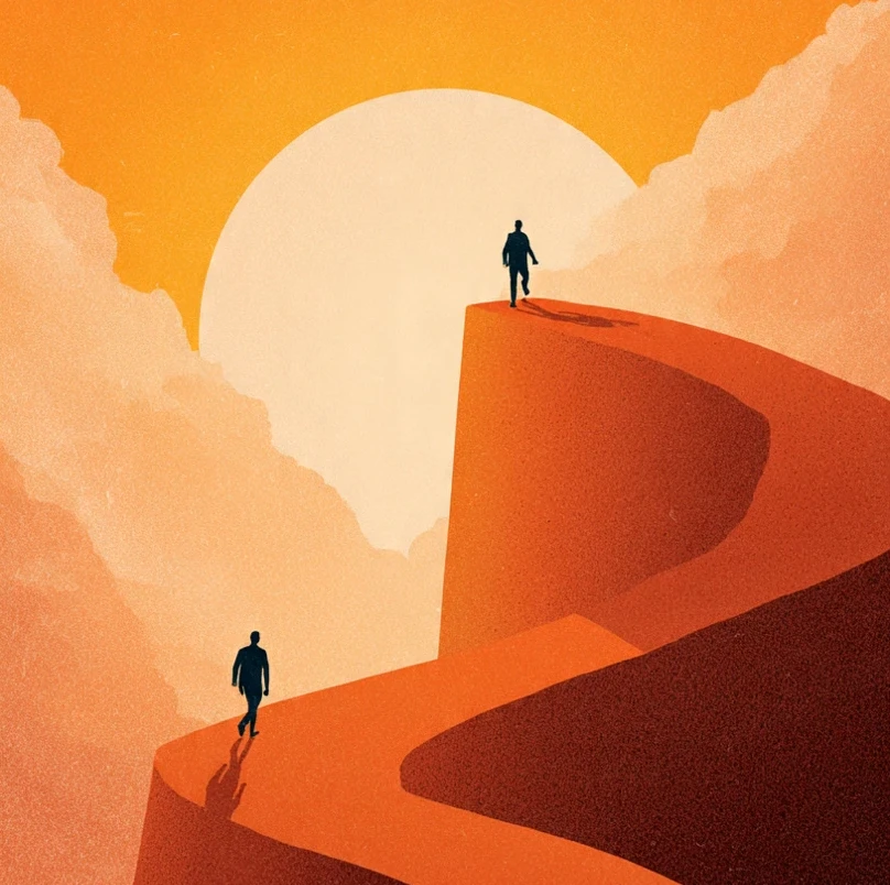 Two individuals on different paths moving at their own pace, symbolizing personal growth without comparison