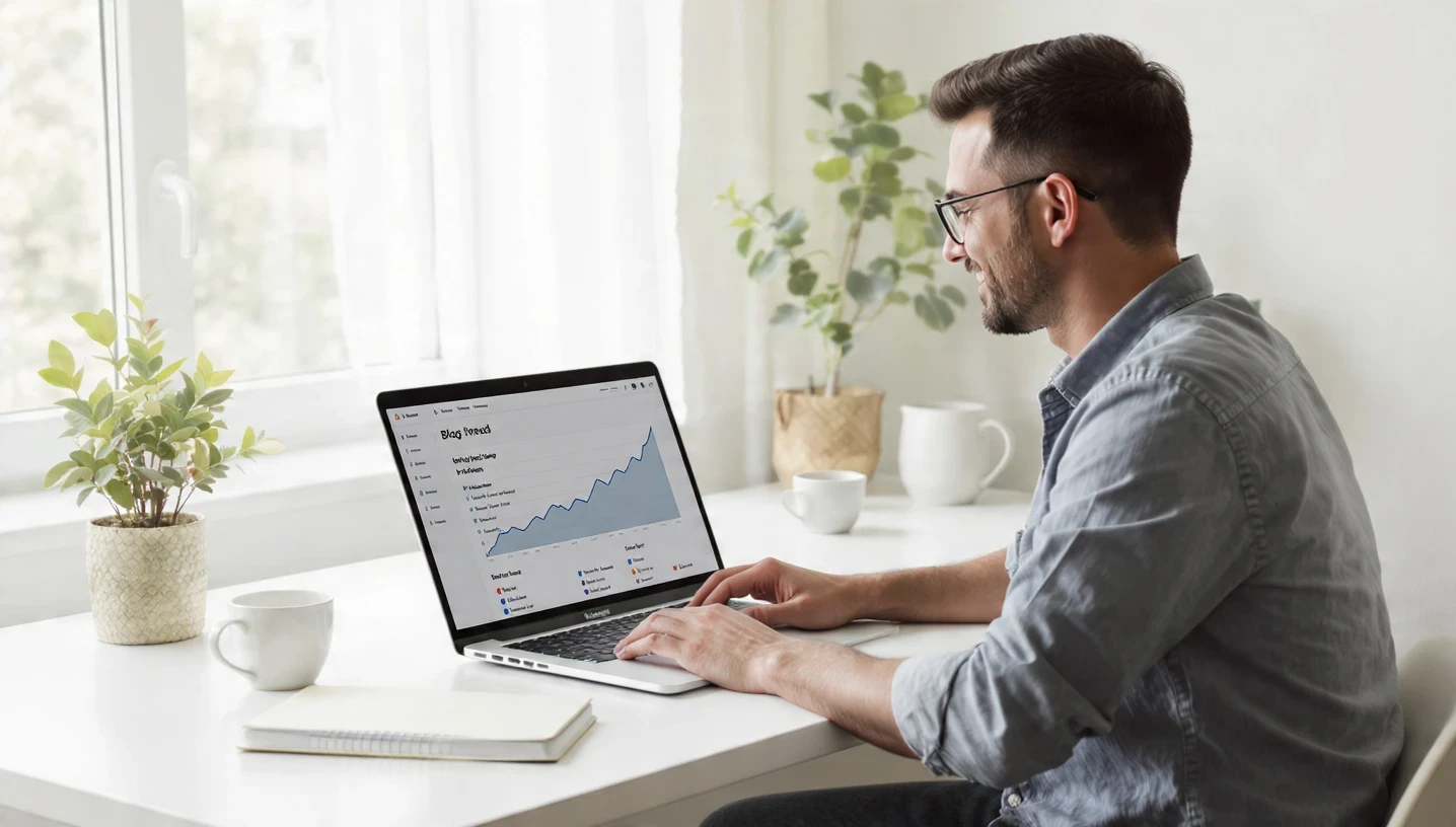A content creator reviewing long-term growth on a laptop, noticing steady improvement over time