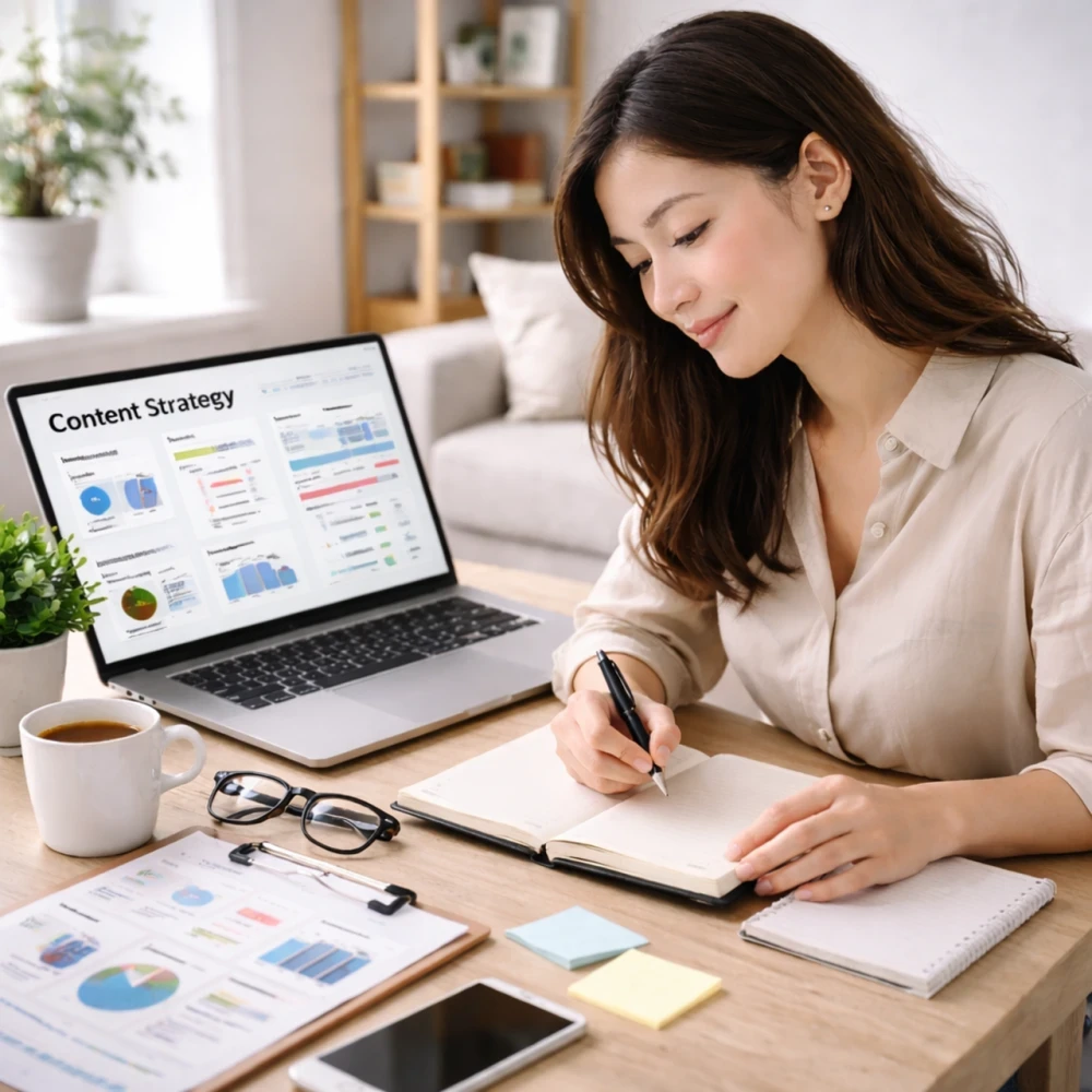 A content creator planning long-term content ideas, mapping out future blog topics with clarity and confidence