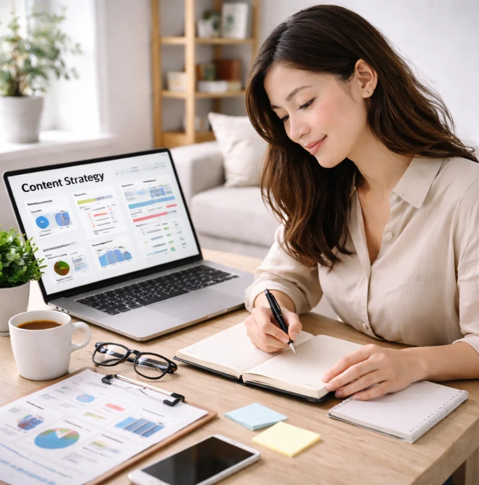 Affiliate marketer working patiently on a website, continuing effort despite slow visible growth, focused and calm workspace