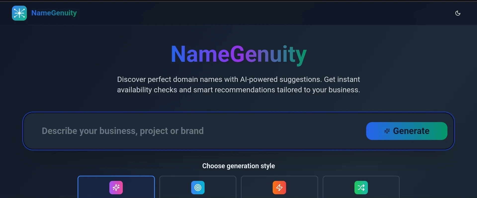 Screenshot of Namegenuitycom homescreen