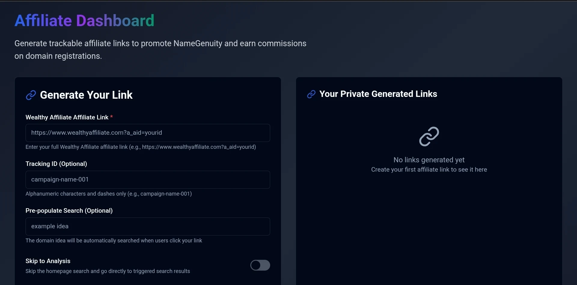 screenshot of Namegenuitycom affiliate dashboard screen